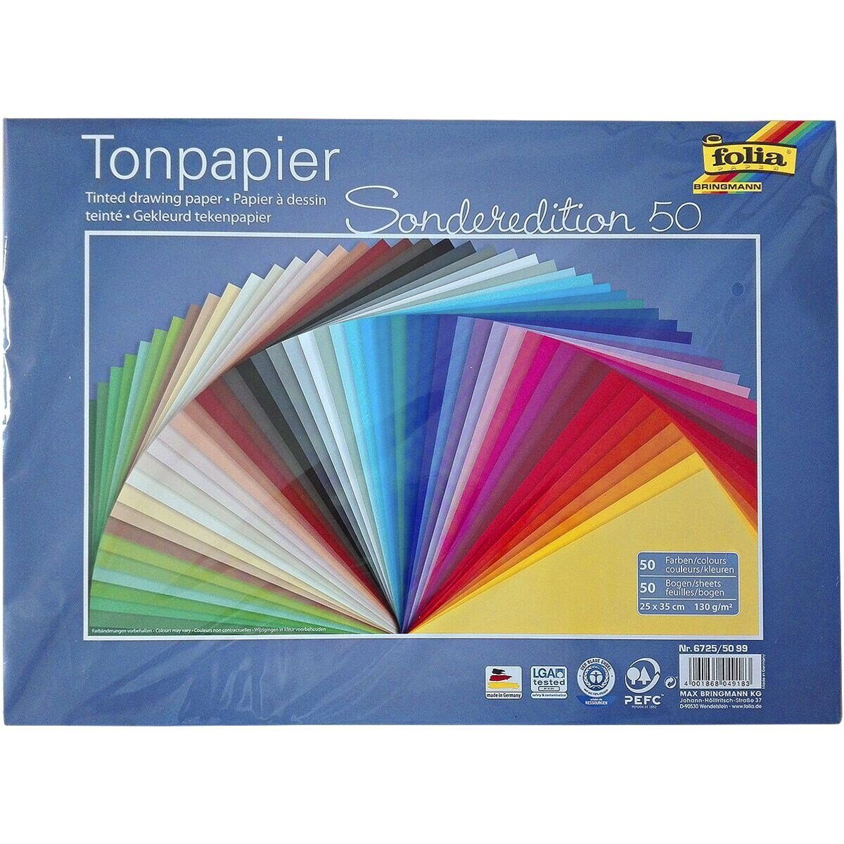 Folia Bastelkartonpapier Sonderedition 50, Tonpapier in 50 Цвета, Format 25x35 cm, 130 g/m², 50 Blatt