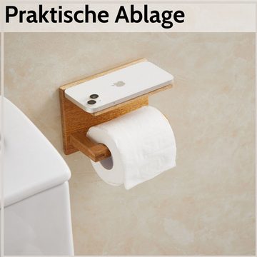 DEKAZIA Toilettenpapierhalter, ohne Bohren, Klopapierhalter Holz, mit Ablage, WC Rollenhalter