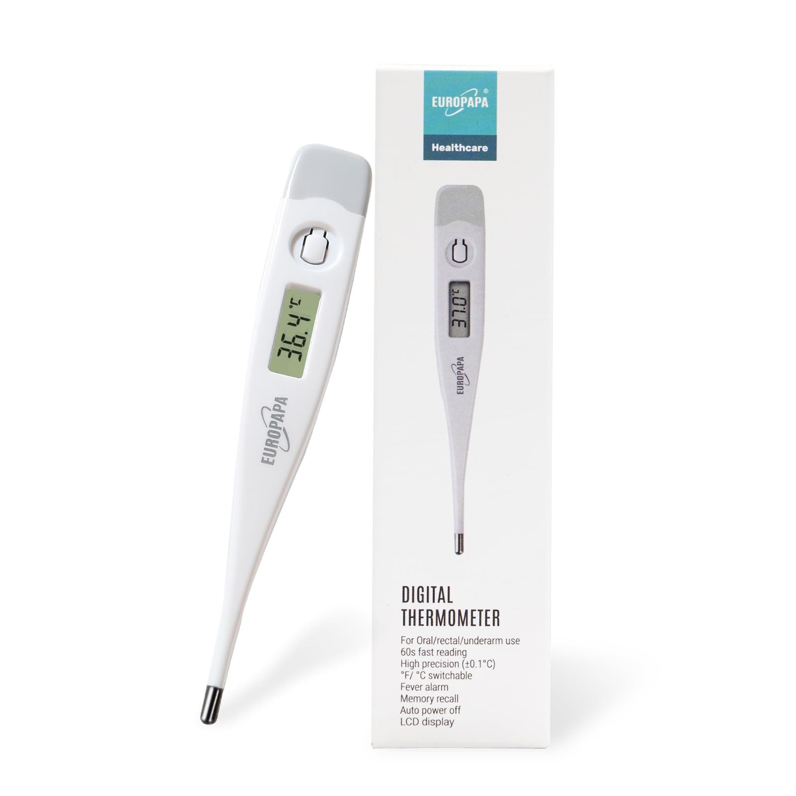 EUROPAPA Fieberthermometer Digitales Fieberthermometer für Babys, 1-tlg., Kinder und Erwachsene, Thermometer für oral, axillar oder rektal, wasserdicht mit Fieberalarm