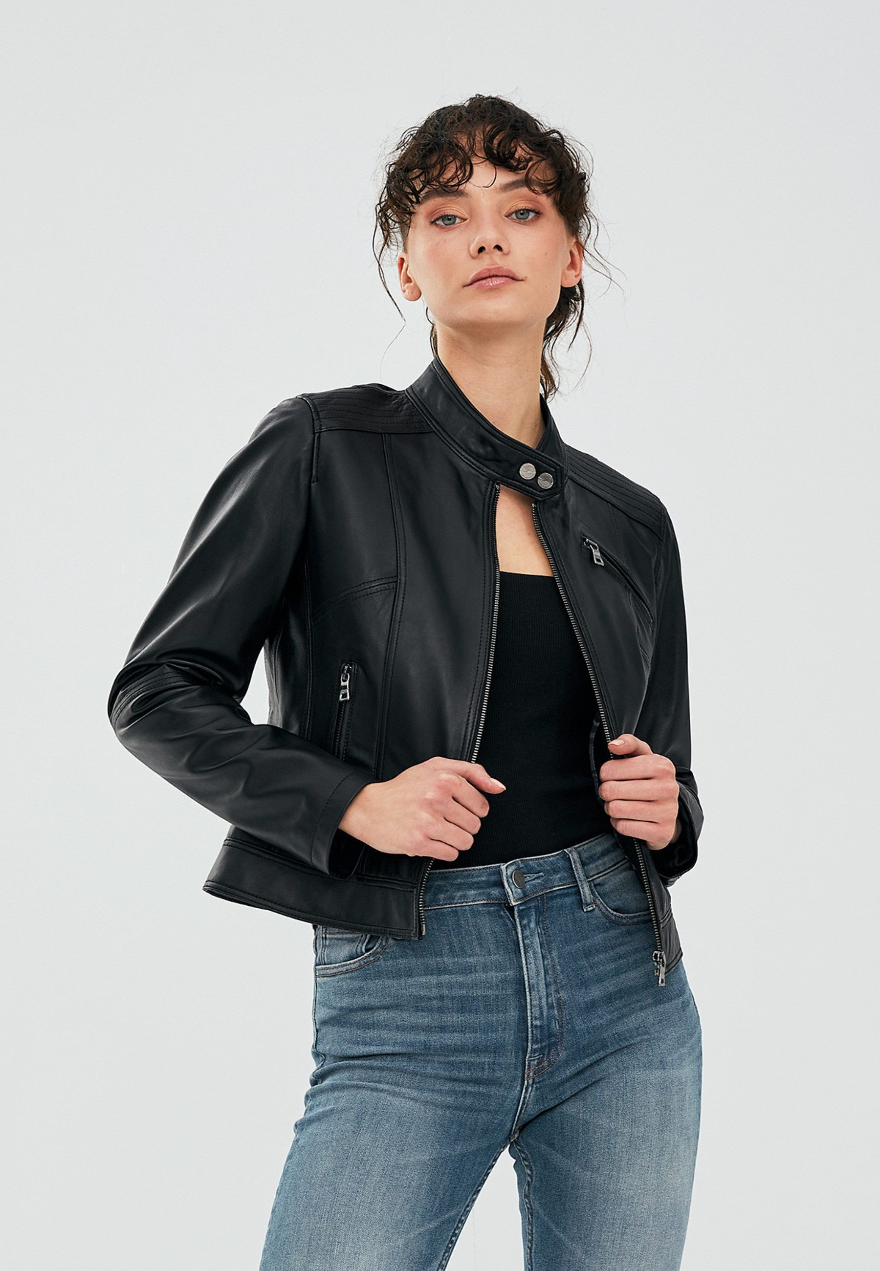 Derimod Lederjacke Kylie Kurze Lederjacke Regular Fit, Reißverschluss, Stehkragen, Kurz, Textilfutter