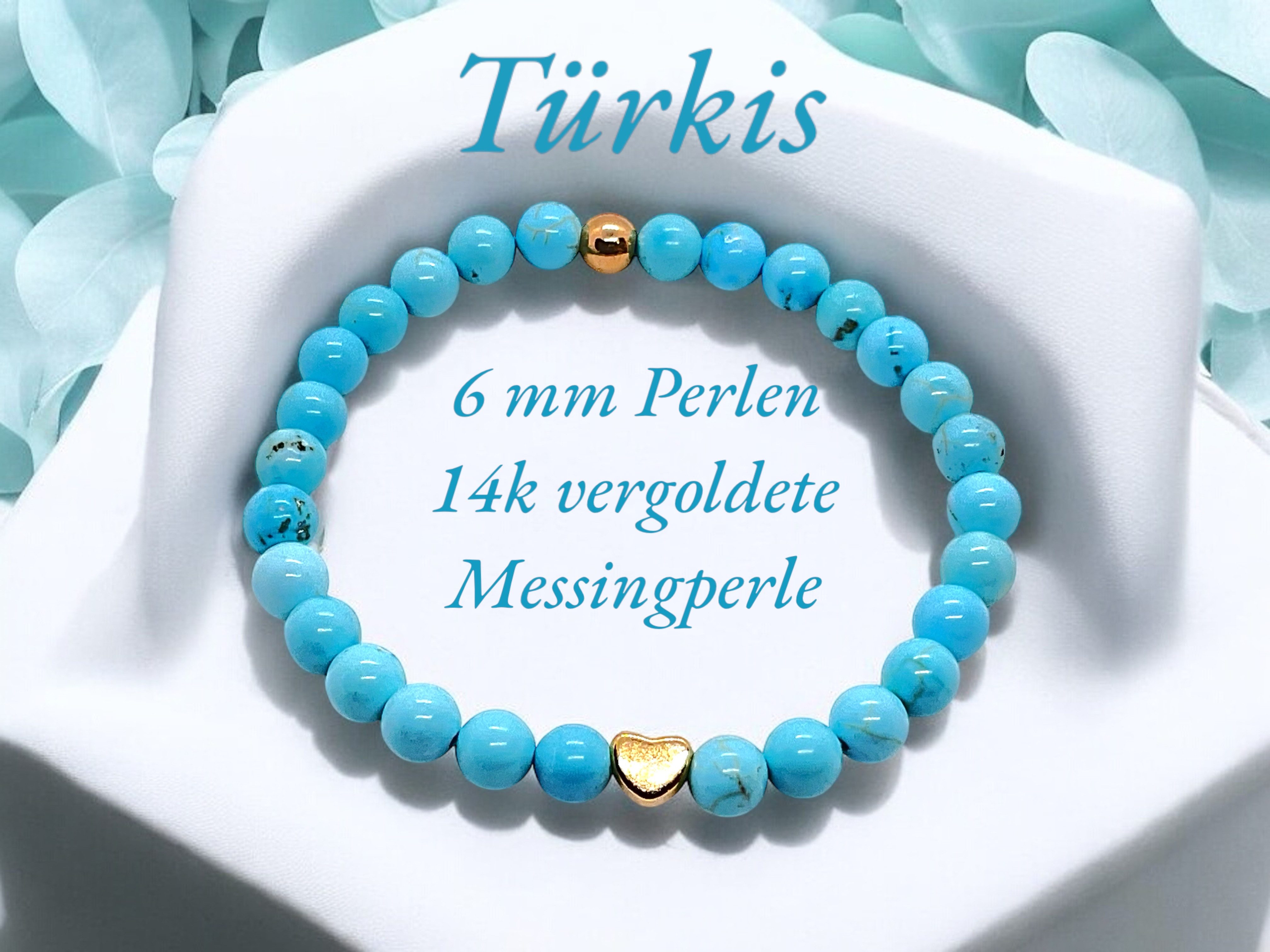 Steinfixx® Perlenarmband Türkis Edelsteinarmband mit 333 vergoldeten Elementen (4 oder 6 mm Perlen, 1-tlg., AAA-Qualität), incl. Geschenkbox