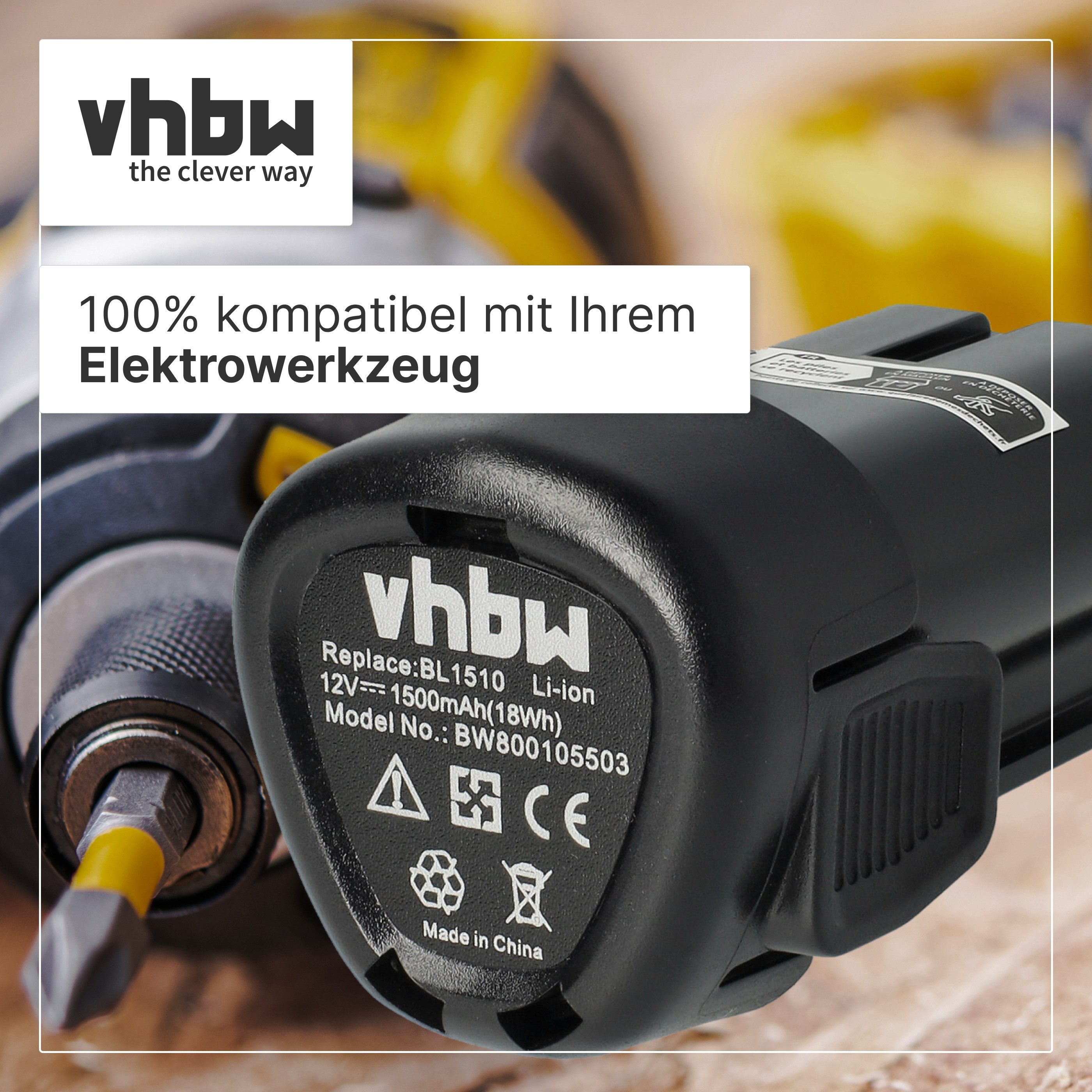 vhbw Akku Ersatz für Black & Decker BL1110, BL1310, BL1510, LB12, LBX12, Akku Akku Li-Ion 1500 mAh (12 V, 1 St), Leistungsfähiger Austausch-Akku für Werkzeug Powertools wie