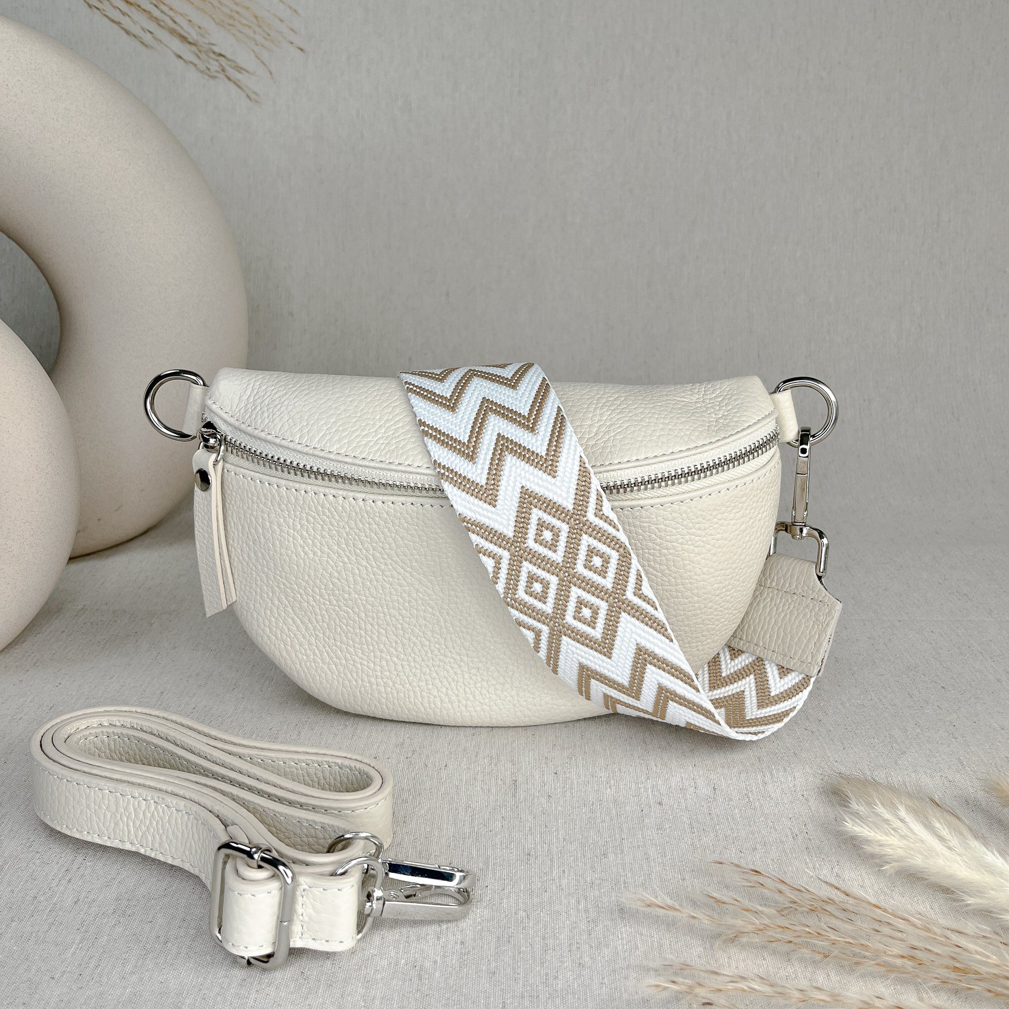 lePelou Bauchtasche TONI CREME MIT WECHSELGURT, echt Leder, made in Italy