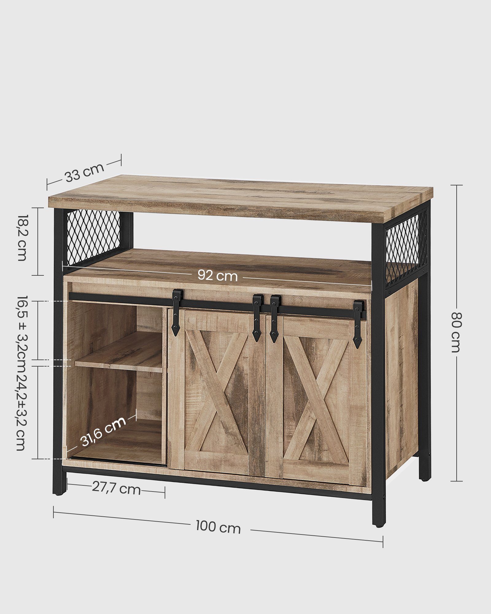 VASAGLE Sideboard Küchenschrank, mit verstellbare Ablagen Naturfarben-Schwarz 2 Schiebetüren