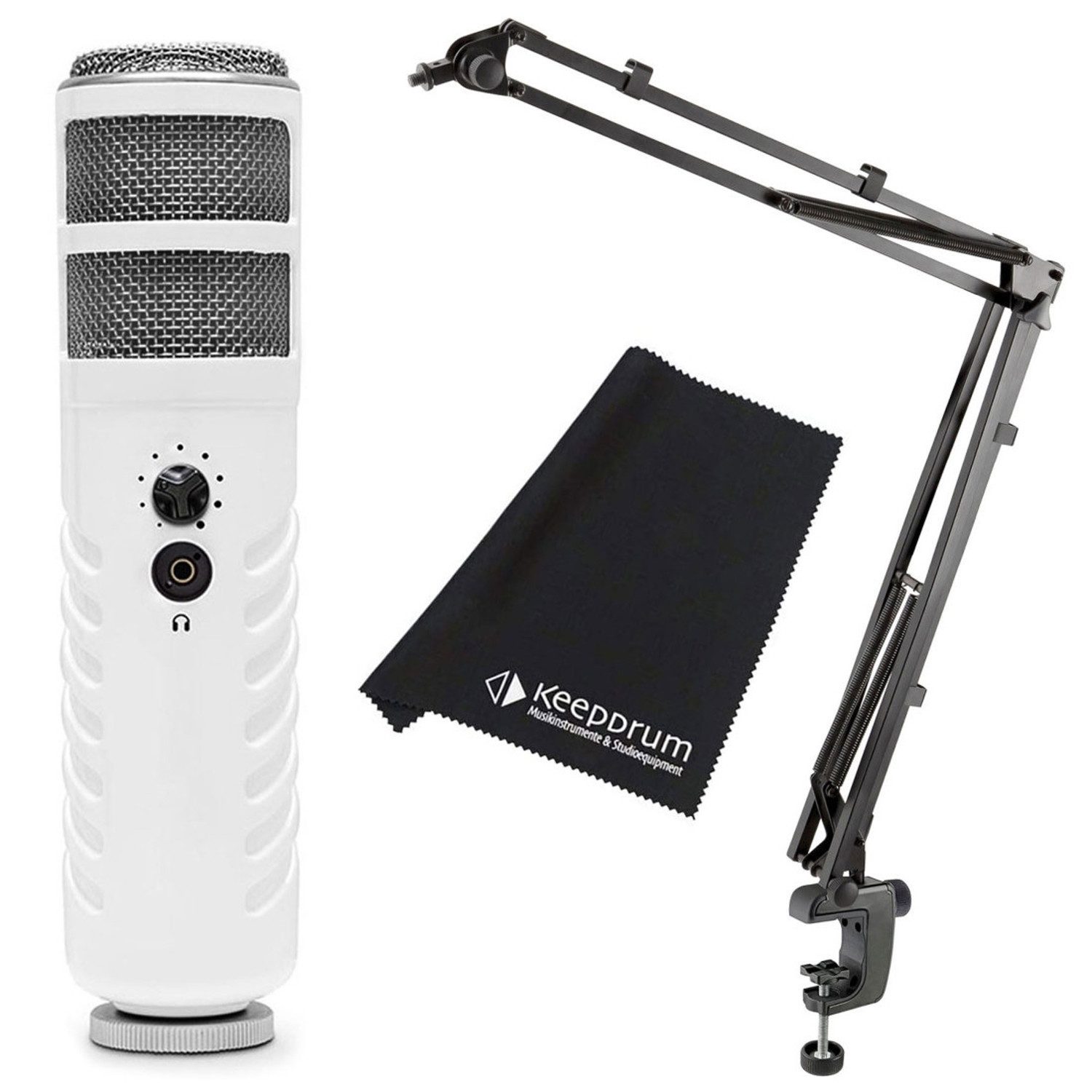 Mikrofon Rode Podcaster mit K&M 23840 Mikrofonarm und Tuch