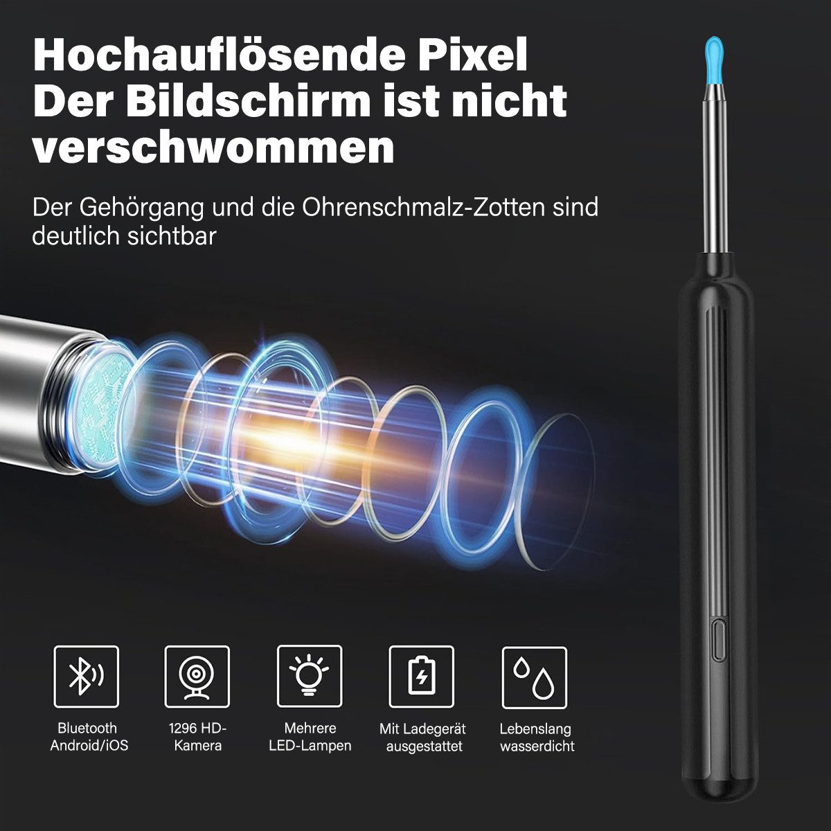 MOPUEA Elektrischer Ohrenreiniger 17-teiliges Set Ohrreiniger mit Kamera 6 LED Leuchten IP67 Wasserdicht, Ohrenschmalz-Entfernungsset mit Kamera, Ohrenschmalz entfernen, Bilder übertragen, für iOS und Android, 1296P Bildqualität, 360° Weitwinkel, 6-Achsen-Gyroskop