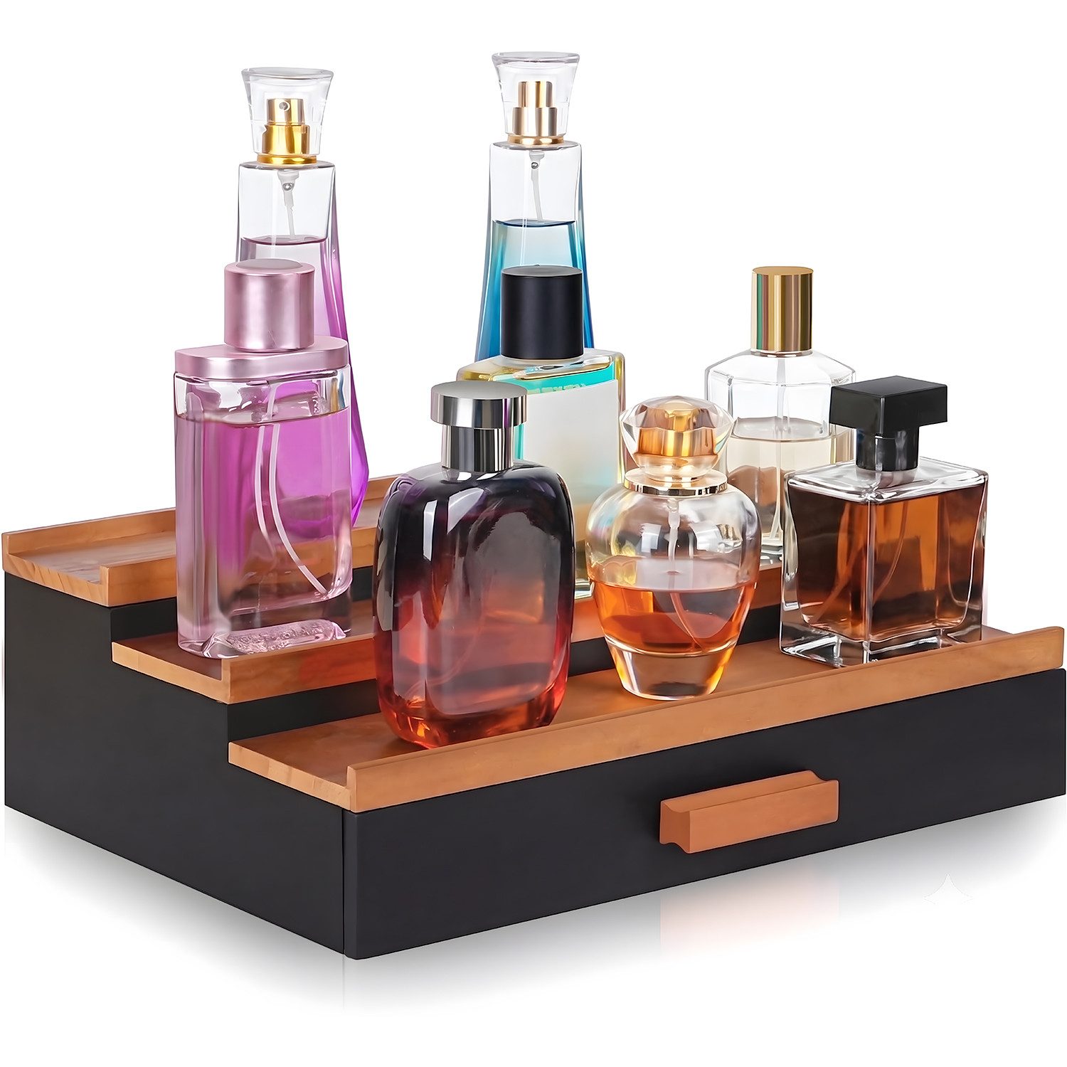 HEYHIPPO Make-Up Organizer 3-stöckiger Parfüm-Ständer aus Holz, mit Schublade, 32×22×10,5 cm, Stufenförmiger Kosmetik-Ständer–Präsentationsregal für Parfüm& Make-up, Parfüm-Organizer in Schwarz – Holz-Display-Regal, für Kommode & Theke