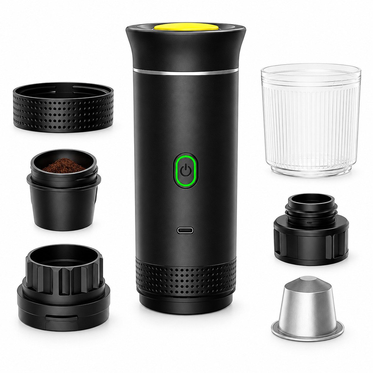Goldstern-Tech Reisekaffeemaschine Espresso To Go – 20 Bar, 0,15l Kaffeekanne, Kapselsystem, wiederverwendbarer Pulverfilter, 3-in-1-System, Heizfunktion, Akku und USB-C-Ladeanschluss