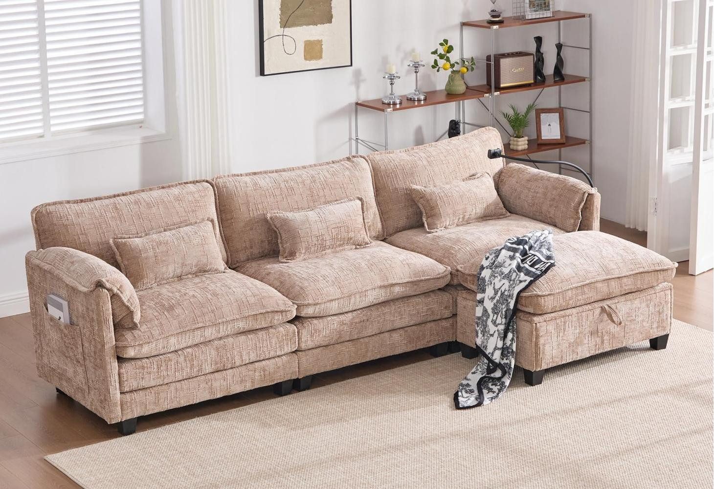 LVHOM Loungesofa mit Fußhocker, gepolstertes Ecksofa/Relaxliege/stabiler Rahmen, Chenille-Stoff, Schwamm + Memory-Schaum für Komfort und Rückfederung, drei Zierkissen + zwei Armlehnenkissen,Seitentaschen, USB-/Typ-C-Anschluss, Telefonhalterung, beweglicher Fußhocker mit Stauraum,bis 350 kg,Wohnzimmer/Home-Office