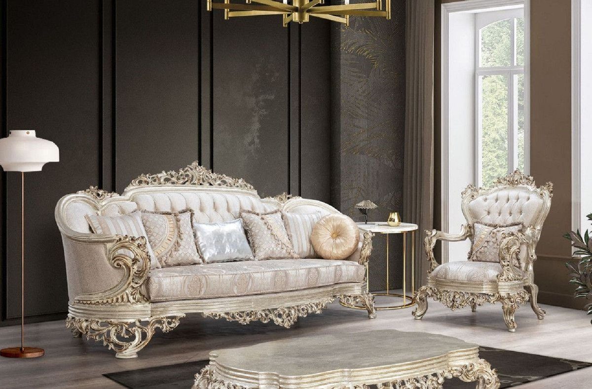 Casa Padrino Sofa Barock Muster - elegantem Wohnzimmer Cremefarben Wohnzimmer mit Prunkvolles Barock Sofa / / Sofa Antik Luxus Gold Beige Möbel 
