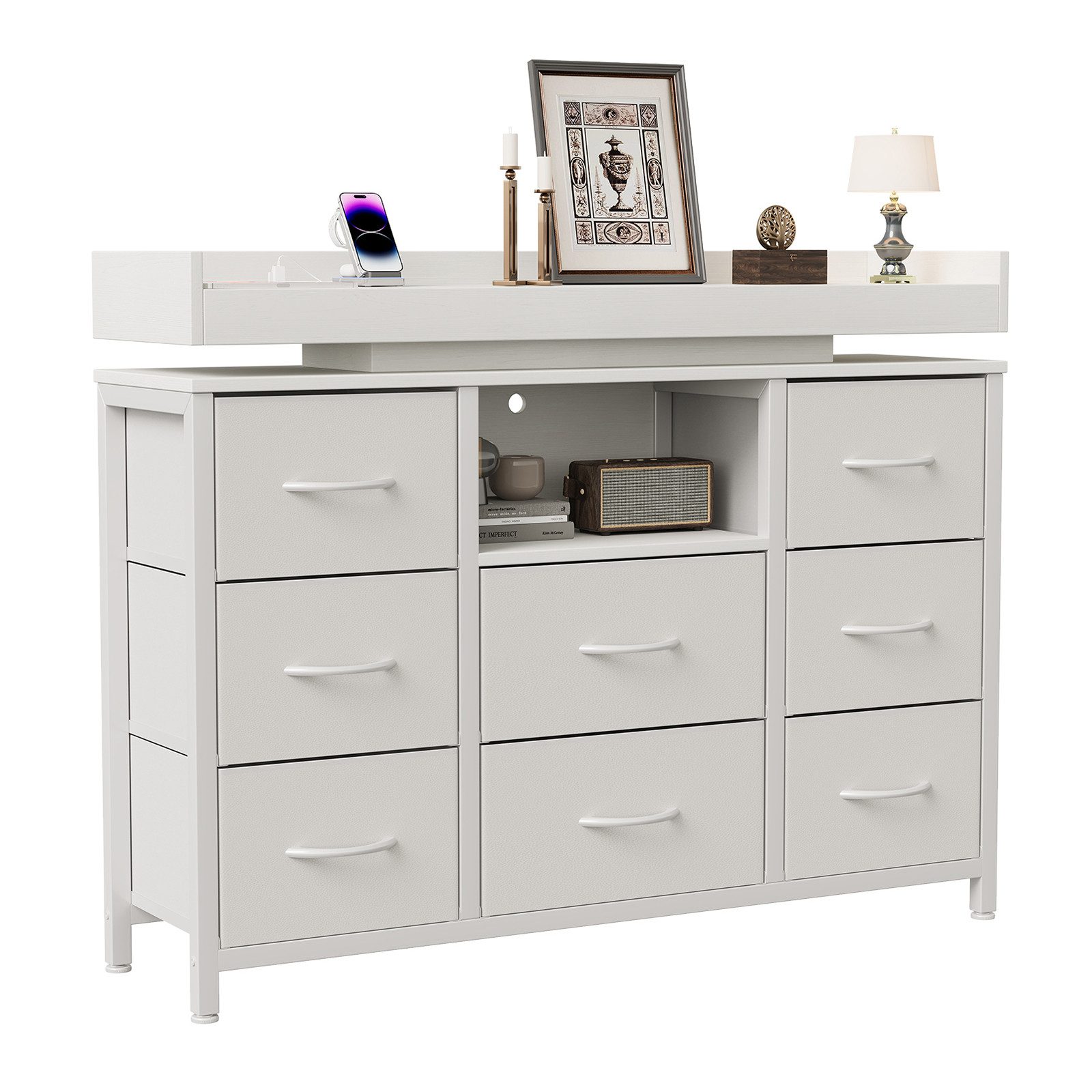 FUROKOY TV-Schrank Kommode mit 8 Schubladen aus Stoff (Fernsehschrank Sideboard Metallgestell, Industrie-Design) für Schlafzimmer Wohnzimmer Flur, 108 x 30 x 82cm