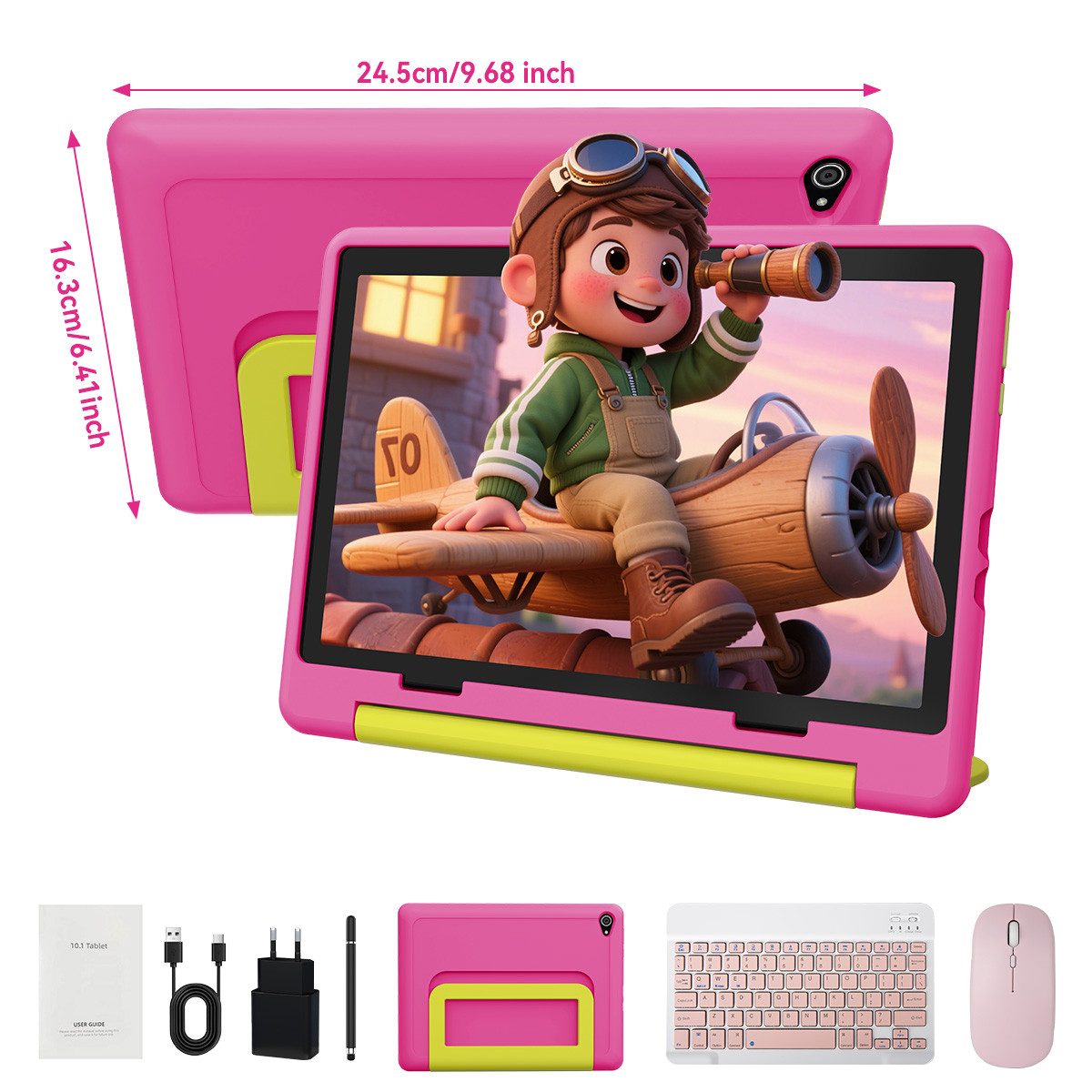 BUFO Android 16 10-Zoll, 24(3+21) GB RAM + 64 GB ROM (TF Expand 1TB) Kinder Tablet (10", 64 GB, Android 16, WiFi 6, Android 16 HD 1280x800 Lernen durch Spielen mit Tastatur/Stift/Maus)