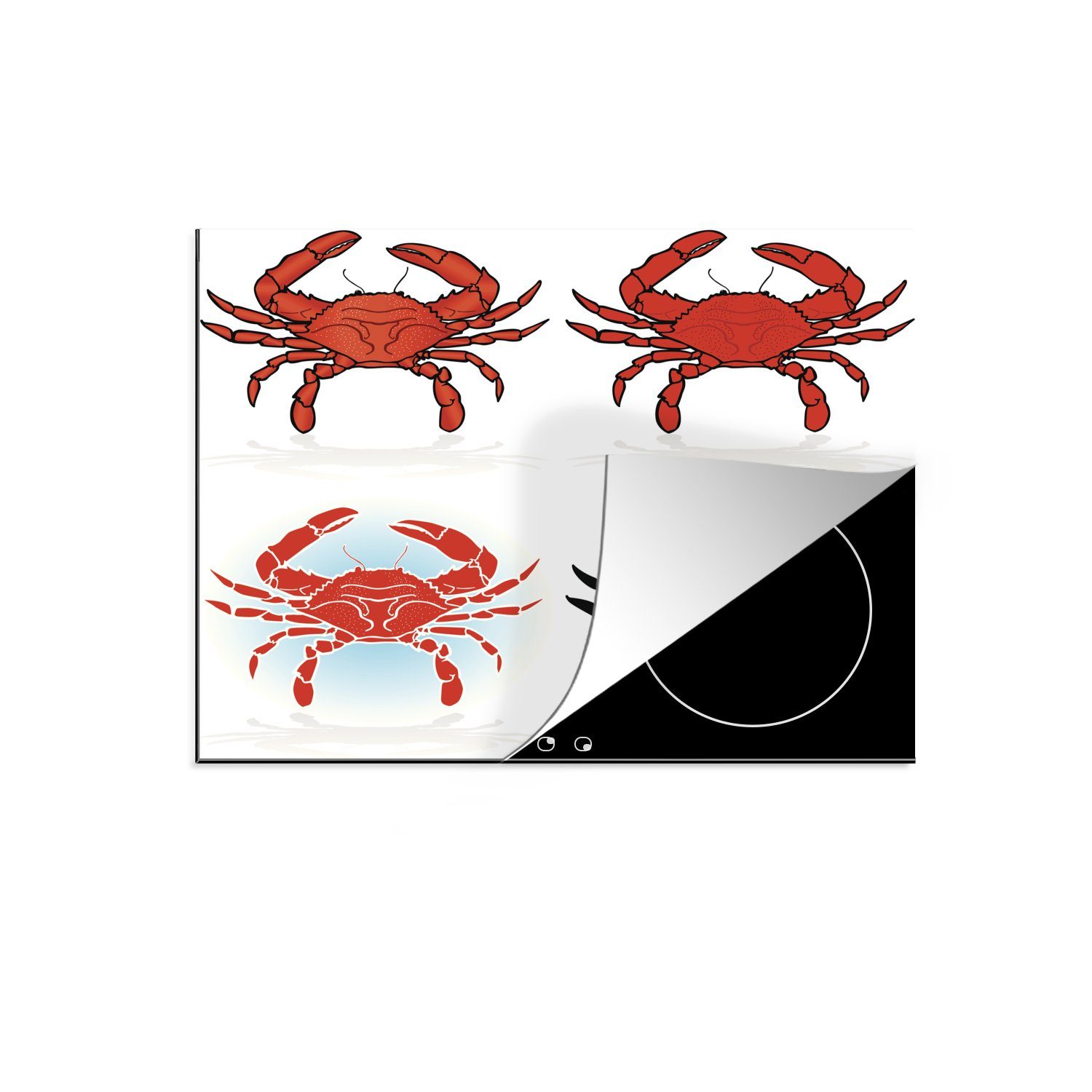 MuchoWow Herdblende-/Abdeckplatte Vier Abbildungen von Krabben auf weißem Hintergrund, Vinyl, (1 tlg), 60x52 cm, Mobile Arbeitsfläche nutzbar, Ceranfeldabdeckung