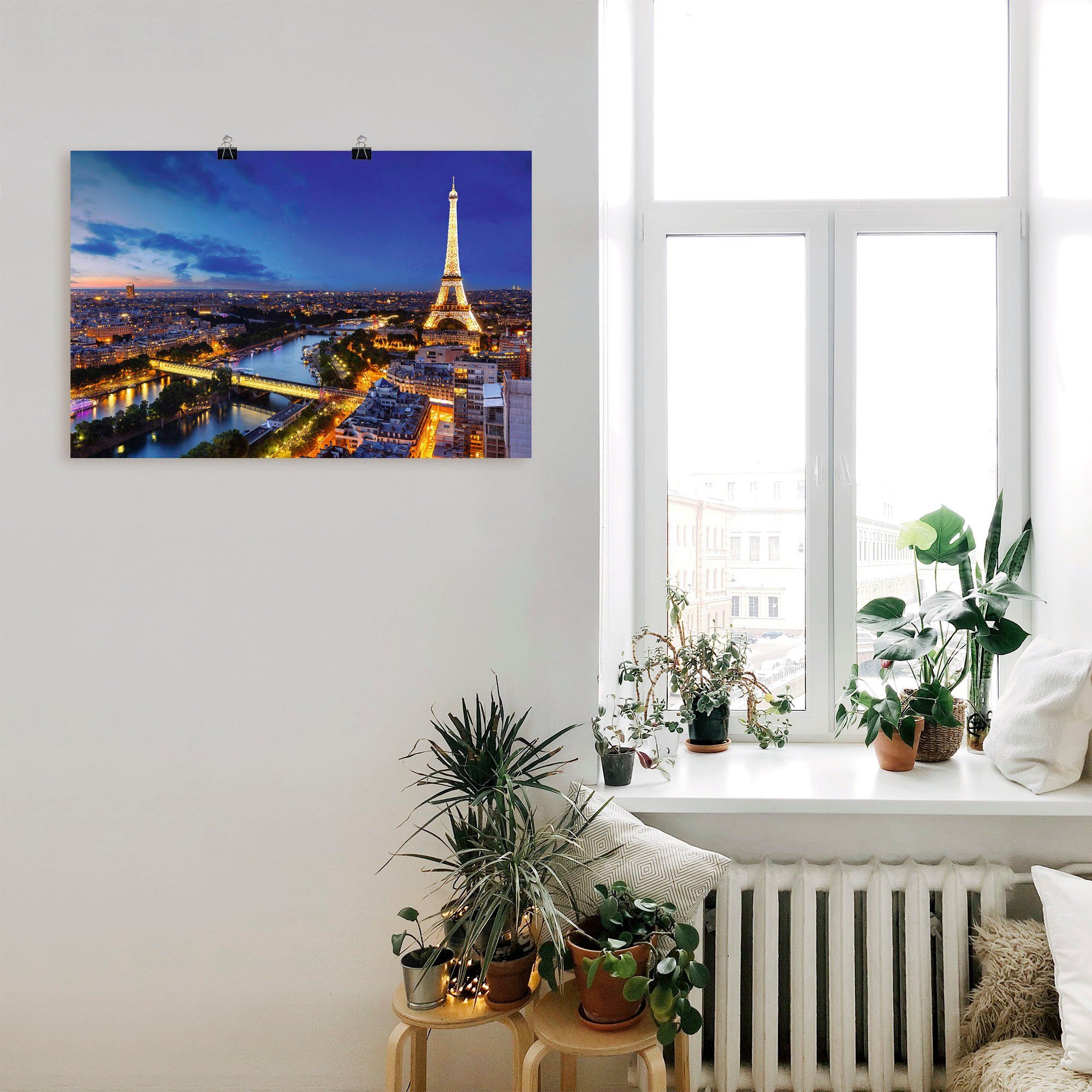 Artland Wandbild Eiffelturm und Seine Poster Wandaufkleber Abend, Paris St), versch. Alubild, (1 am Größen Paris, als Leinwandbild, oder in