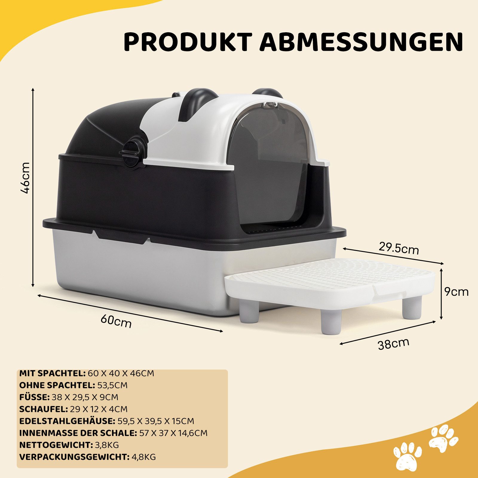 LALAHO Katzentoilette Katzenklo Edelstahl mit Pedal und Spaten, 60 x 40 x 46CM, Geschlossen Katzentoilette Panda-Form,für Katzen