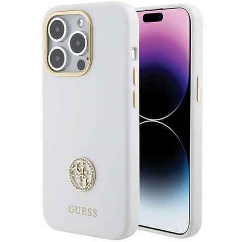 Guess Smartphone-Hülle Guess Apple iPhone 15 Pro Schutzhülle Case Strass Logo 4G Weiß