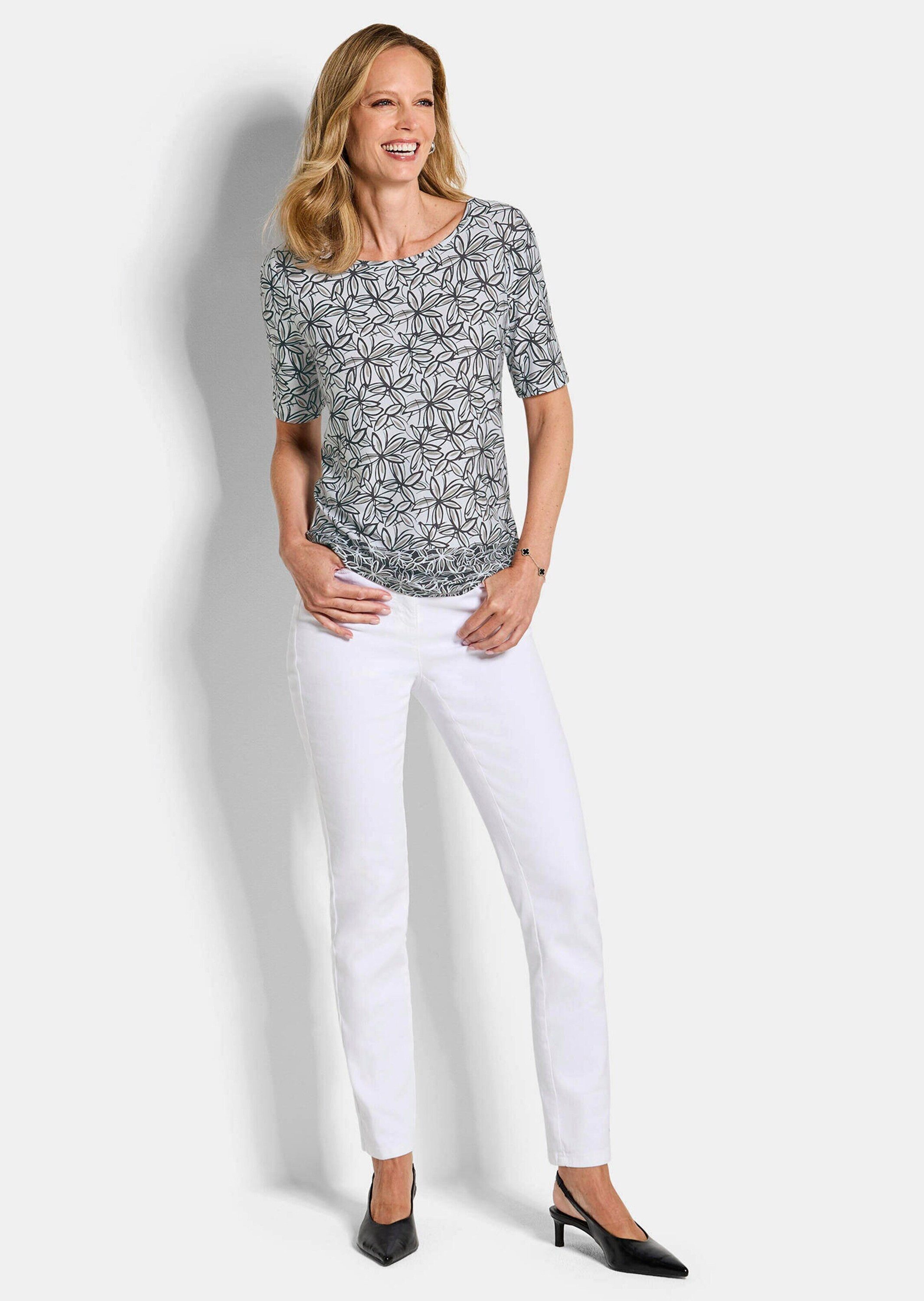 GOLDNER T-Shirt Cityshirt mit Blüten-Muster Hüftlanges Shirt mit U-Boot-Ausschnitt