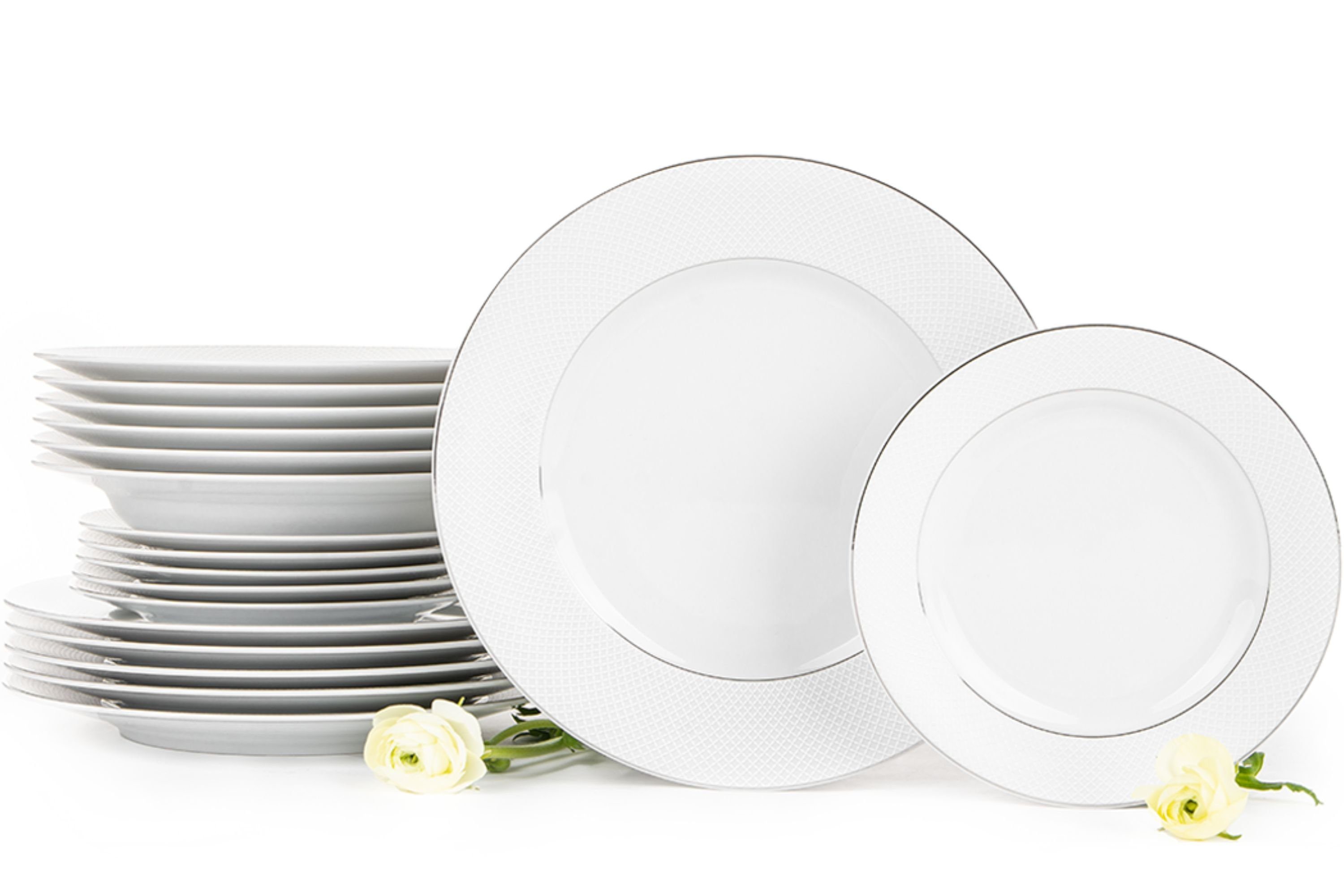 KONSIMO® Tafelservice AMELIA Suppenteller Dessertteller Speiseteller (18-tlg), 6 Personen, Porzellan, rund, Klassisch-Stil, Spülmaschinengeeignet