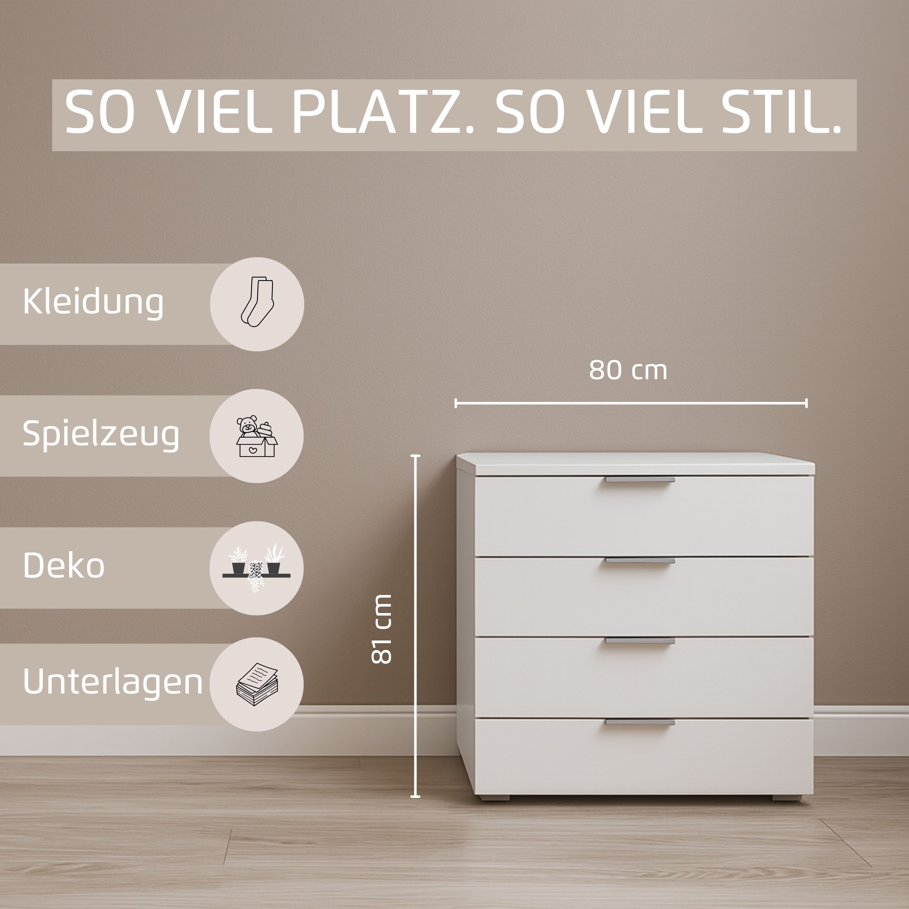 OTTO home Schubkastenkommode Sideboard Schubladenkommode AGORDO mit Dekor- oder Hochglanzfront (in zwei Griff-Farben, Breite 80 cm), vier große und geräumige Schubladen mit viel Stauraum MADE IN GERMANY