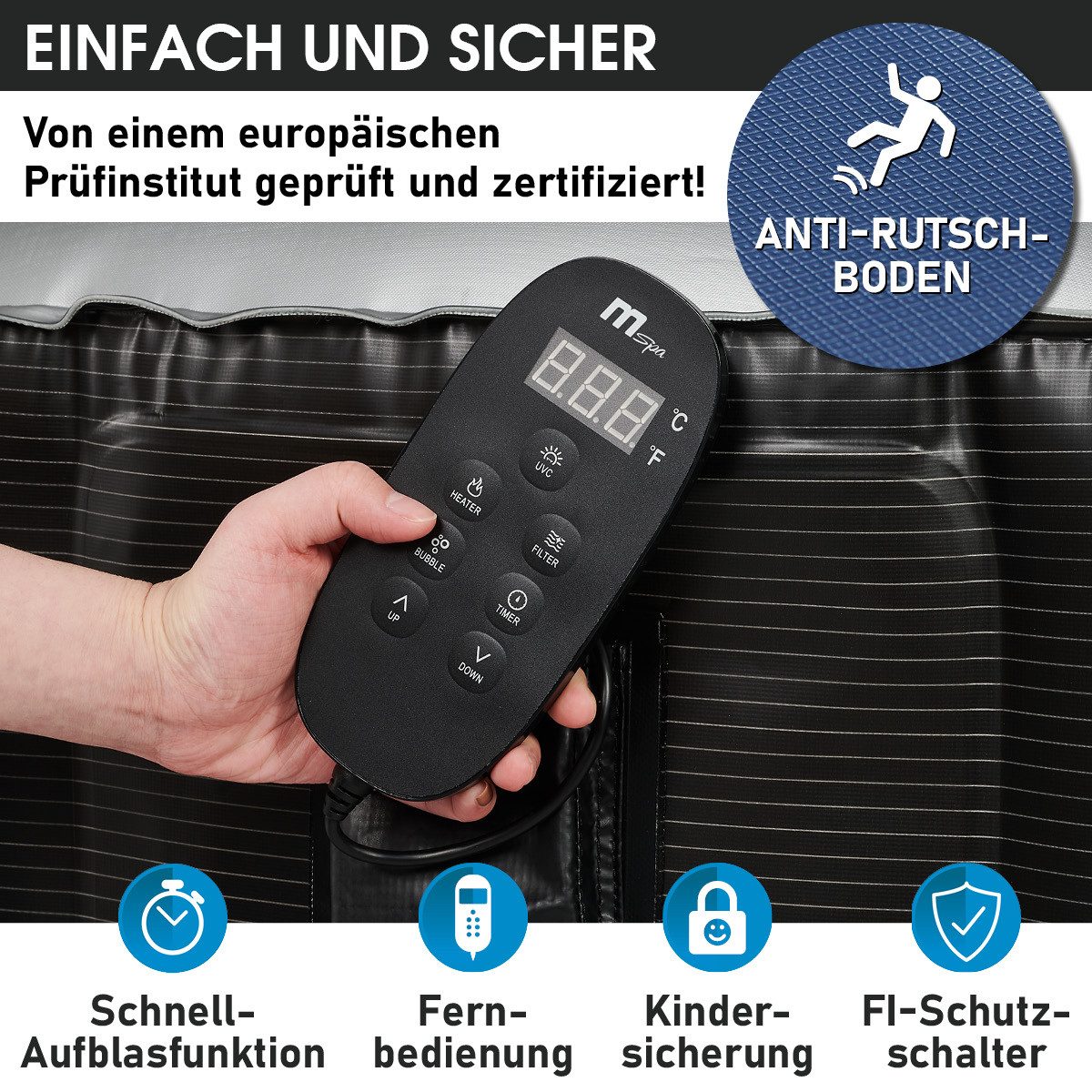 BRAST Whirlpool aufblasbar MSpa Starry COMFORT C-ST062 für 6 Personen Ø204x70cm, aufblasbares Aufstellbecken, (mit LED-Beleuchtung, In- Outdoor Pool 138 Massagedüsen Energiespar-Timer Heizung), Aufblasfunktion per Knopfdruck Bubble Wellness Massage