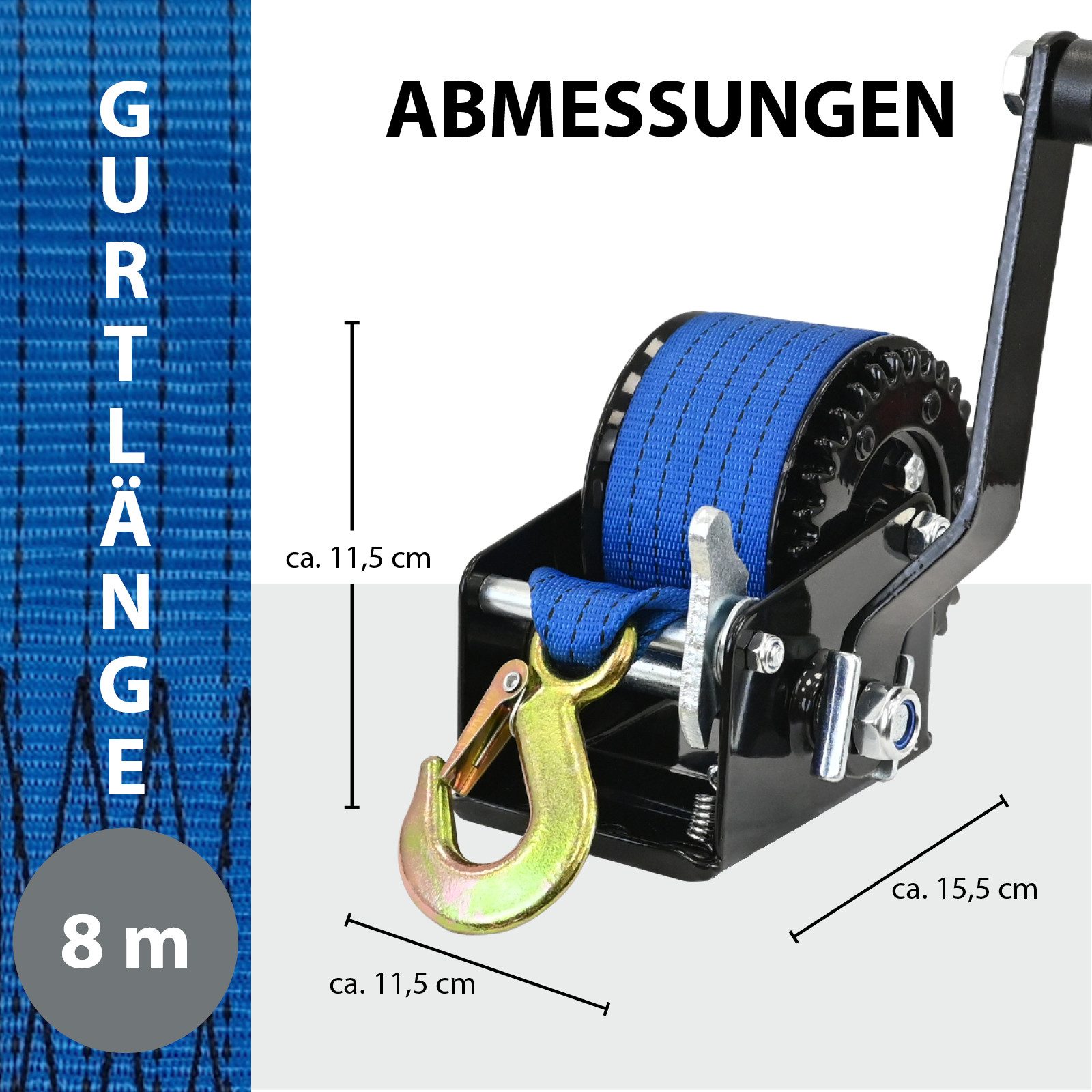TRUTZHOLM Winde Gurtwinde 360 kg Gurtlänge 8 m Gurtbreite 5 cm mit Lasthaken, (1-St), Lasthaken mit Tropfenöffnung, Sperrhebel