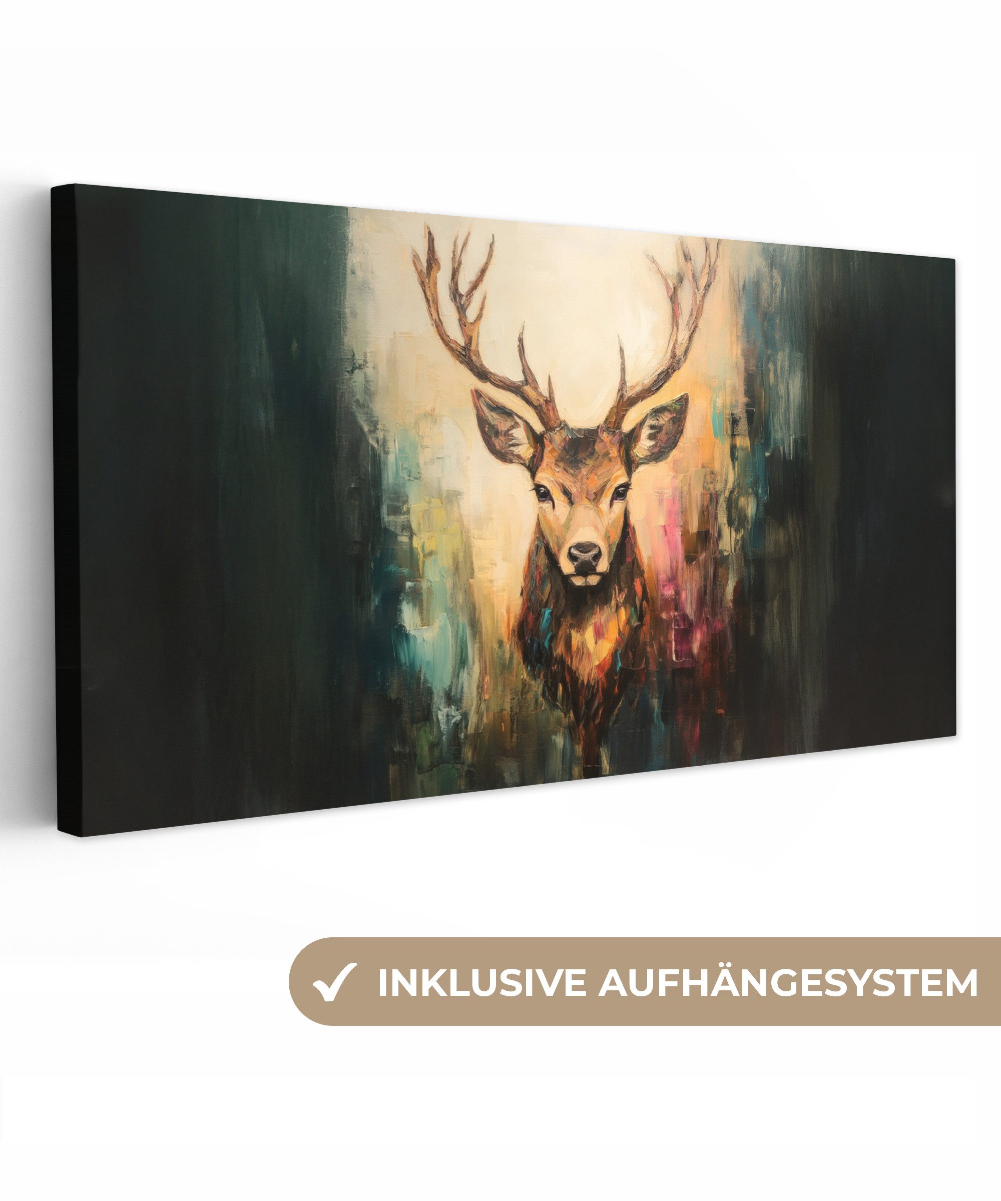 OneMillionCanvasses® Leinwandbild Panorama Hirsch - Gemalt - Geweih - Braun, Fotodruck (1 St), Leinwandbilder XXL Wohnzimmer, Deko Aesthetic 160x80 cm