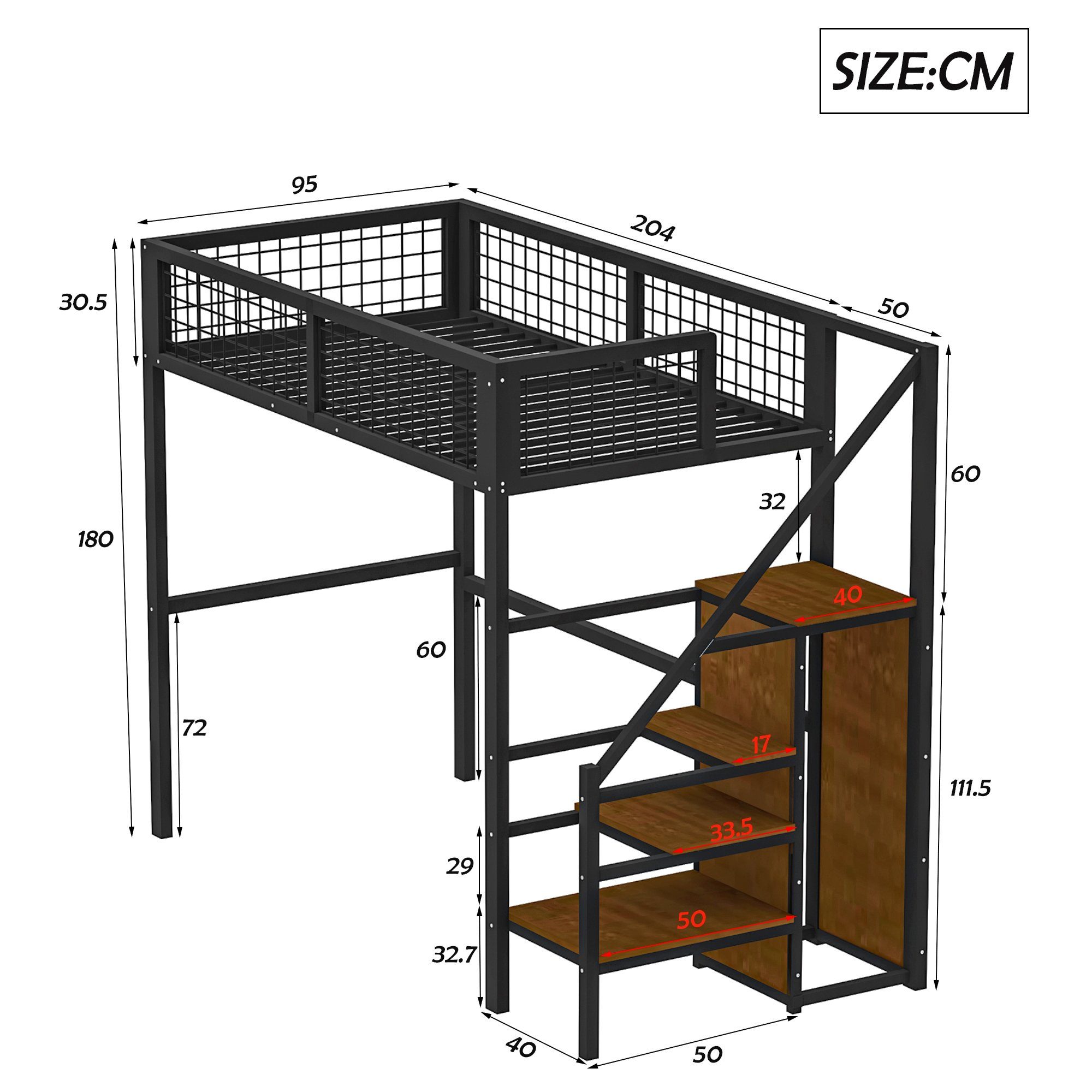 mit Aufbewahrungsregal, Stuhl Eisenrahmen HAUSS Hochbett Kinderbett SPLOE Kleiderschrank Kleiderschrank), Metallbett cm, schwarz und Kein Matratze, Kinderbett ohne (90*200 Metallbett Einzelbett mit