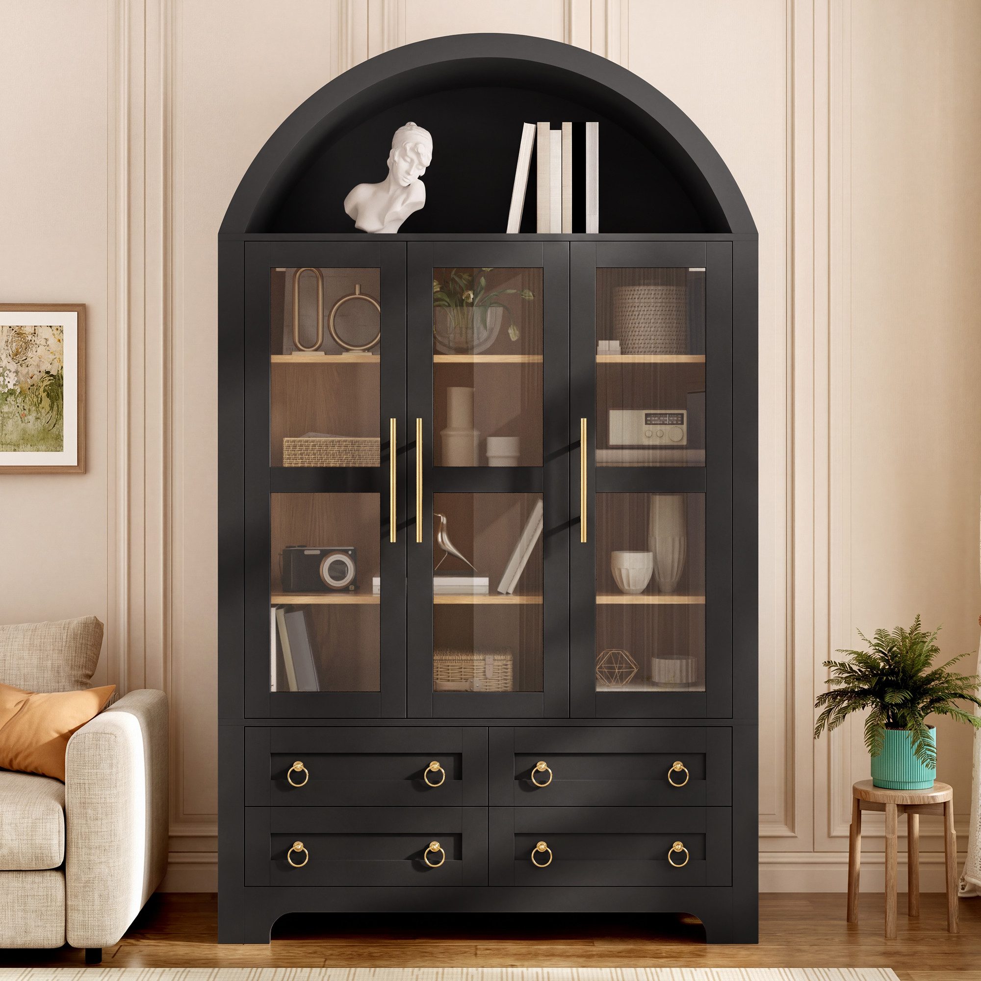 Merax Hochschrank Bogen-Mehrzweckschrank Glasvitrine mit Aluminiumgriffen (Anrichte Sideboard Aufbewahrungsschrank, 1-St., 110 L x 40 B x 185 H cm) Wohnzimmersc – Bild 3 von 5