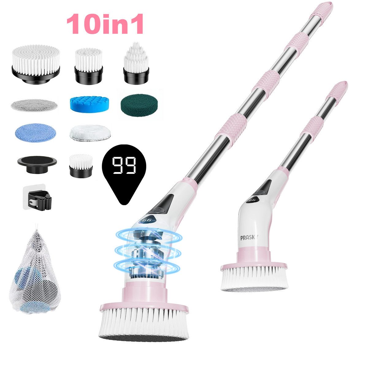PRASKY Reinigungsbürsten-Set Elektrische Reinigungsbürste IPX8 wasserdicht mit 9 Bürstenköpfen, Auto, Fliesen, Boden, Geschirr, Grill, Badewanne, Pool, Garten, (Preiswertes Set, 1-tlg., IPX8 wasserdicht, 9 Bürstenköpfe), Mit 9 austauschbaren Bürstenköpfen