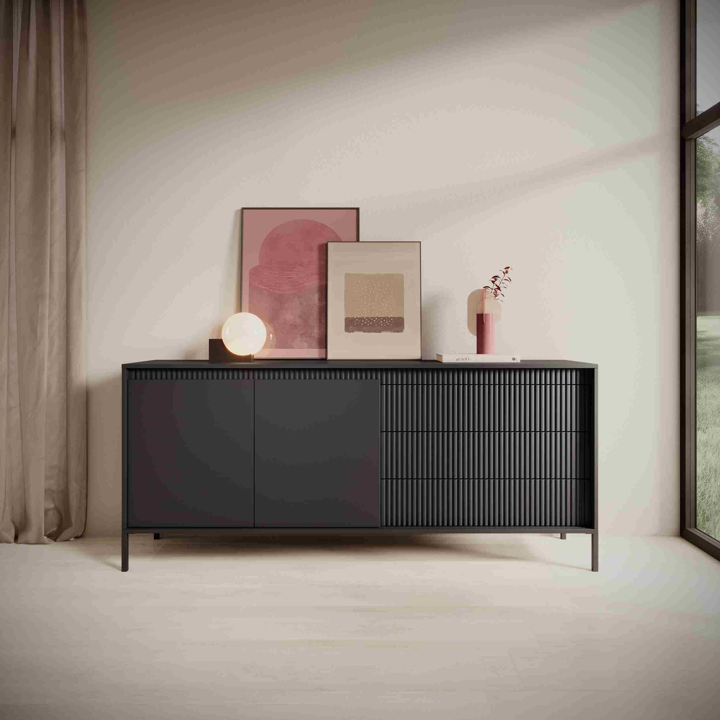 Furnix Kommode Rebeca 187 Design Sideboard mit Schubladen und Türen in 4 Farbnuancen, 7 geschlossene Fächer, elegant & funktional, Push-to-Open