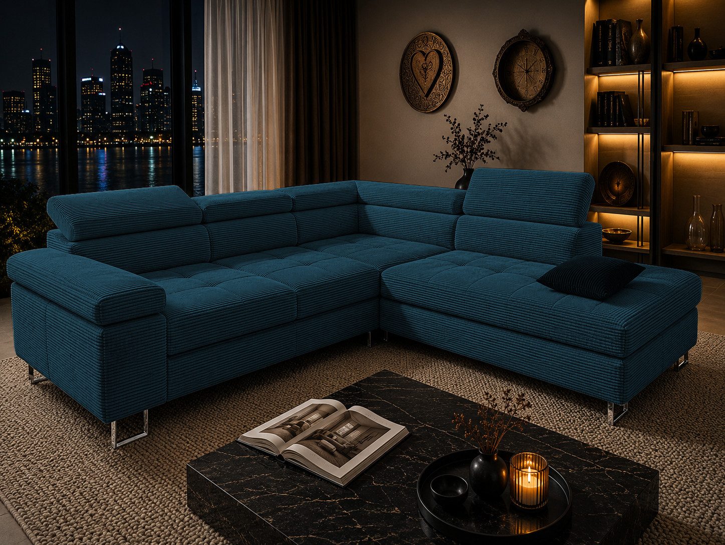 Goldstoff Ecksofa mit Schlaffunktion, Cord Couch für Wohnzimmer - Cord Ecksofa, Cord Sofa VOYAGE 2 Teile, Großer Bettkasten