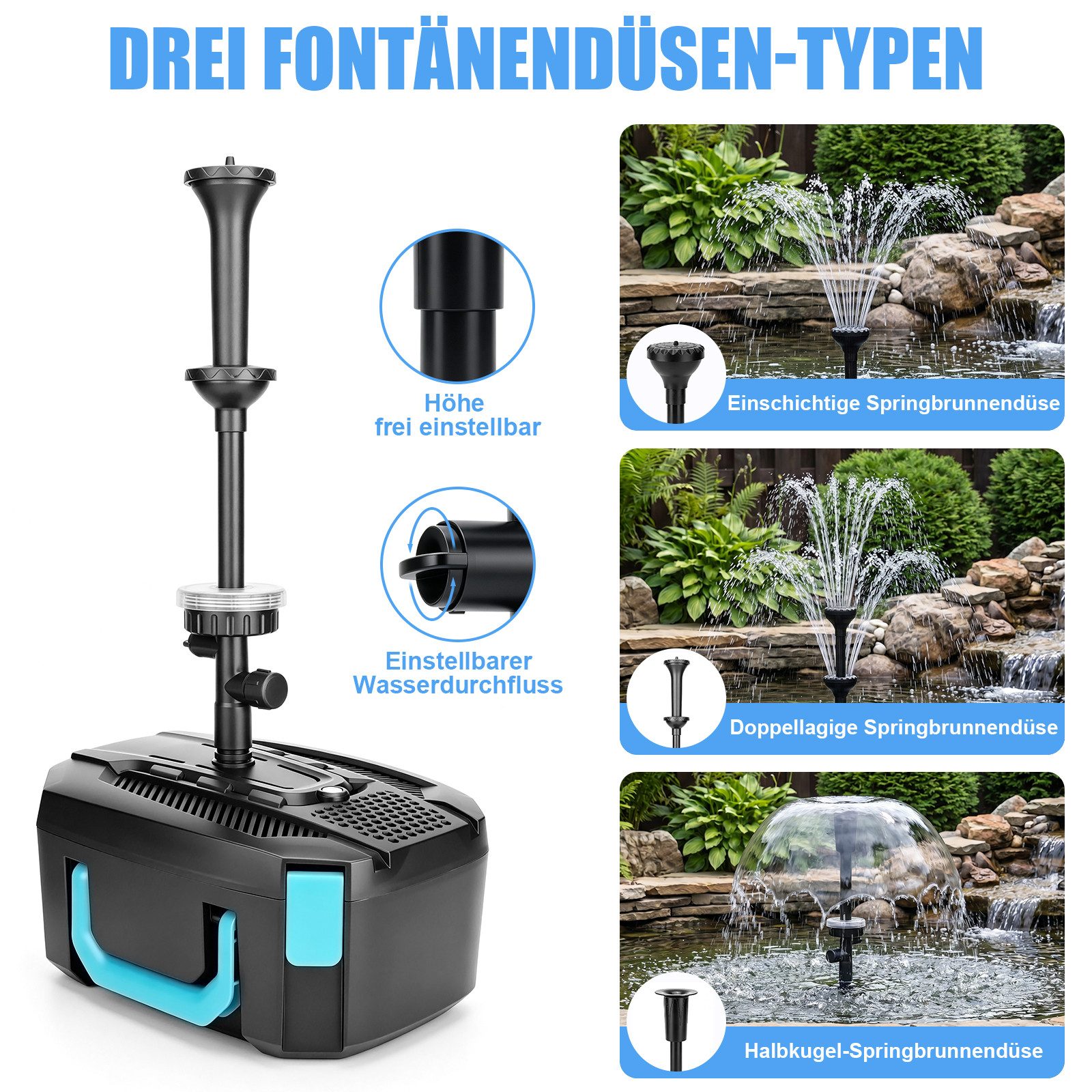 XIIW Springbrunnenpumpe RGB Gartenbrunnen Pumpe mit Teichfilter UVC-Klärer & 3 Düsen Fontäne (45W 3000L/H Wasserspielpumpe mit 6M Kabellänge), Springbrunnenpump – Bild 4 von 5