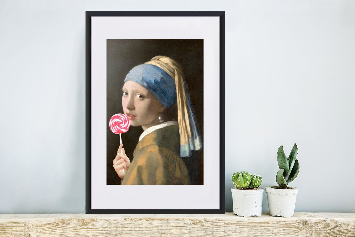 Gerahmtes - Lollipop mit Kunstdruck, Poster MuchoWow Bilderrahmen Poster, Perlenohrring St), Rosa, Rahmen, Schwarzem Vermeer - Mädchen Johannes - (1 mit