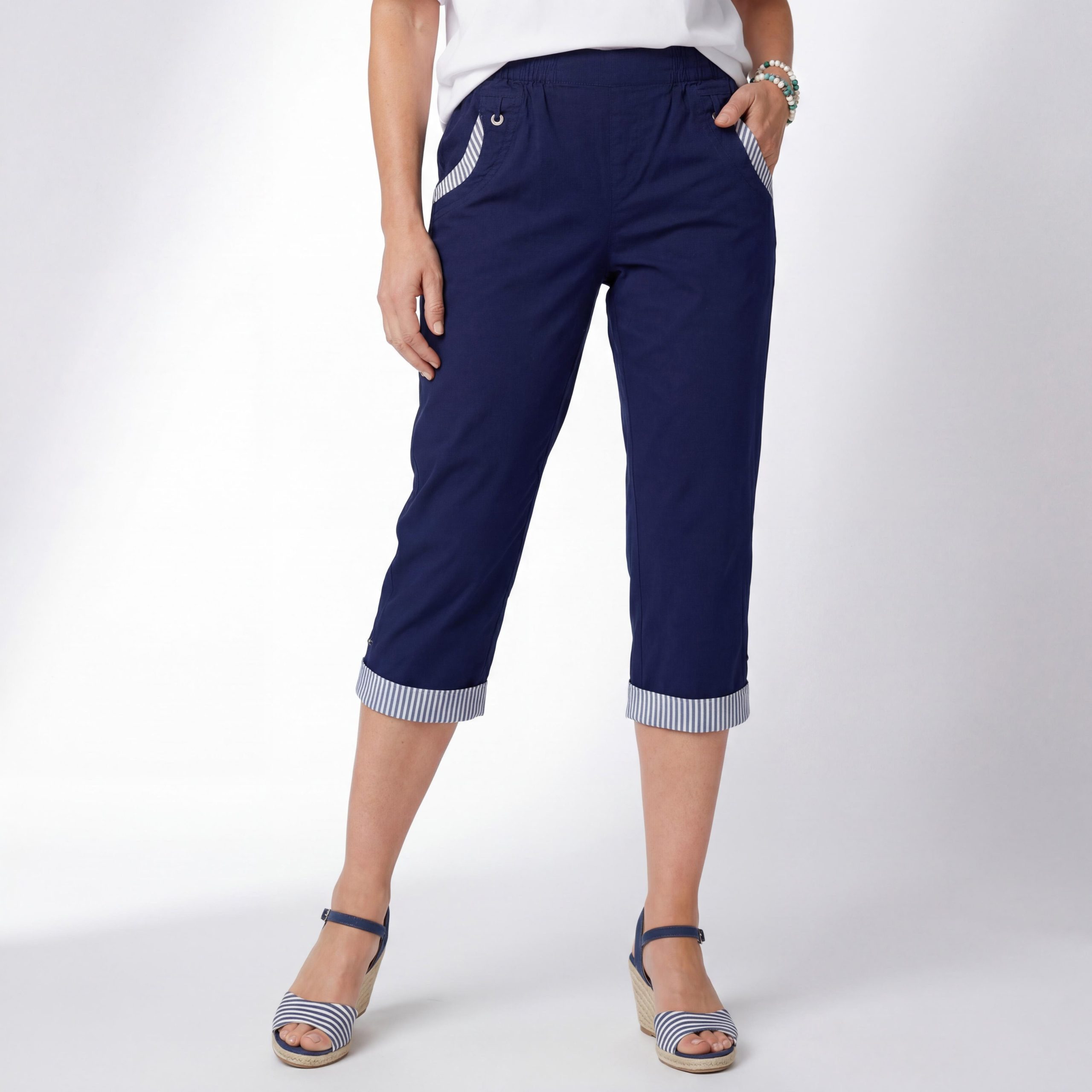 OriginalYou Caprihose Damen Sommerhose aus 95% Baumwolle 7/8 Freizeithose maritimer Look & Beinumschlag, in den Größen 36 bis 50 erhältlich