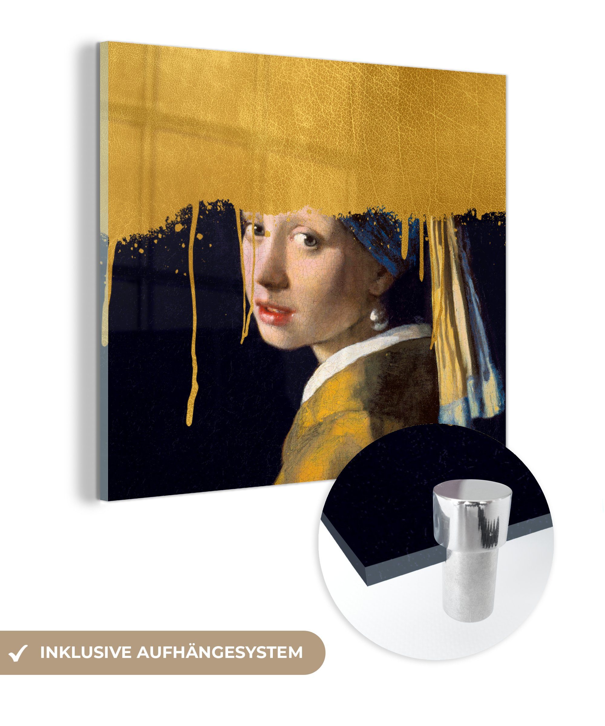 MuchoWow Acrylglasbild Mädchen mit einem Perlenohrring - Gold - Vermeer, (1 St), Glasbilder - Bilder auf Glas Wandbild - Foto auf Glas - Wanddekoration