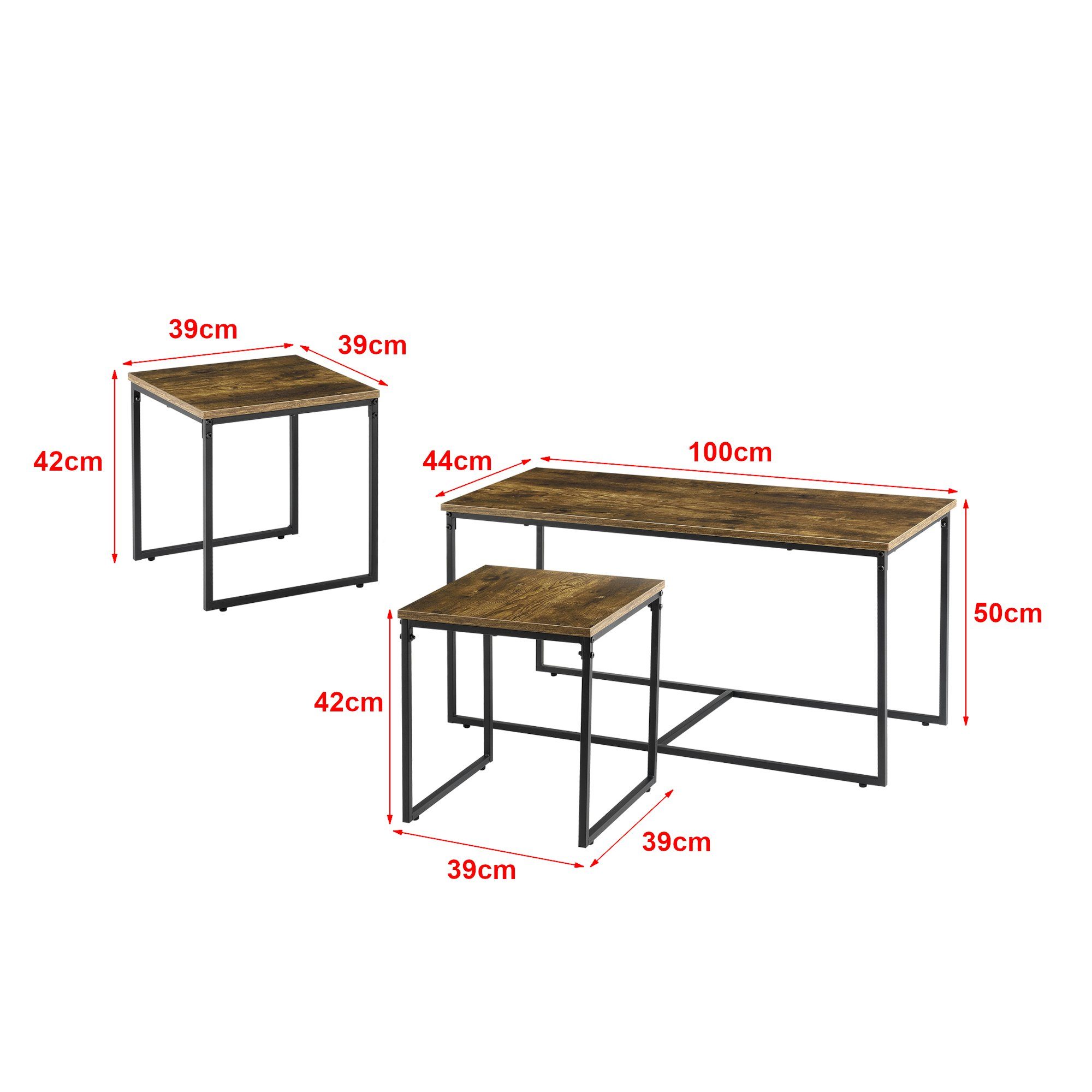 en.casa Beistelltisch 2 »Haparanda« Holzton Tischset Dunkler Tisch + Hockern (3er-Set), Tischgruppe