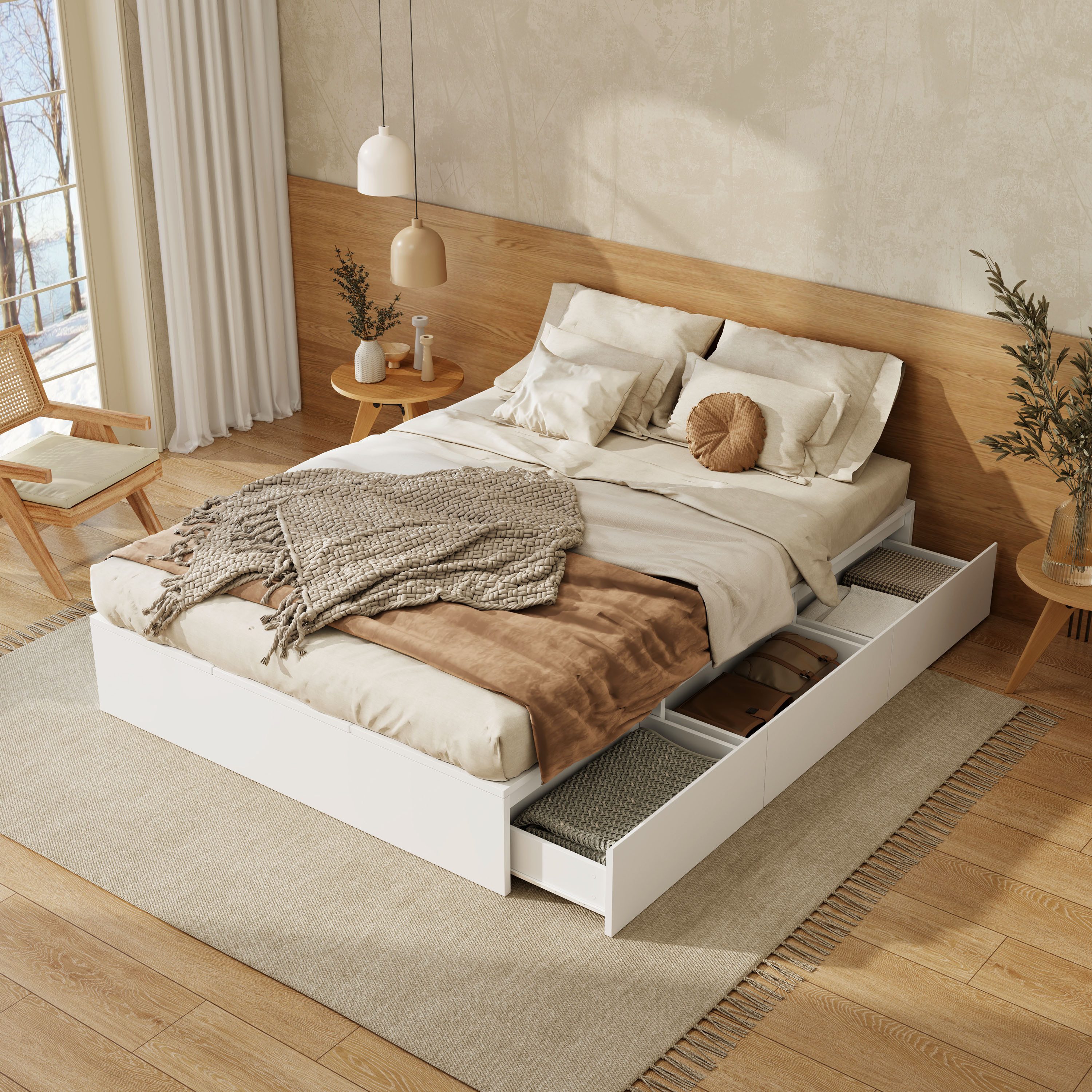 KLAM HOME Holzbett Doppelbett, Funktionsbett, Massivholzbett, Stauraumbett 140x200 cm, Mit Stauraumbox unter dem Bett, mit Выдвижные ящики, mit Stauraum