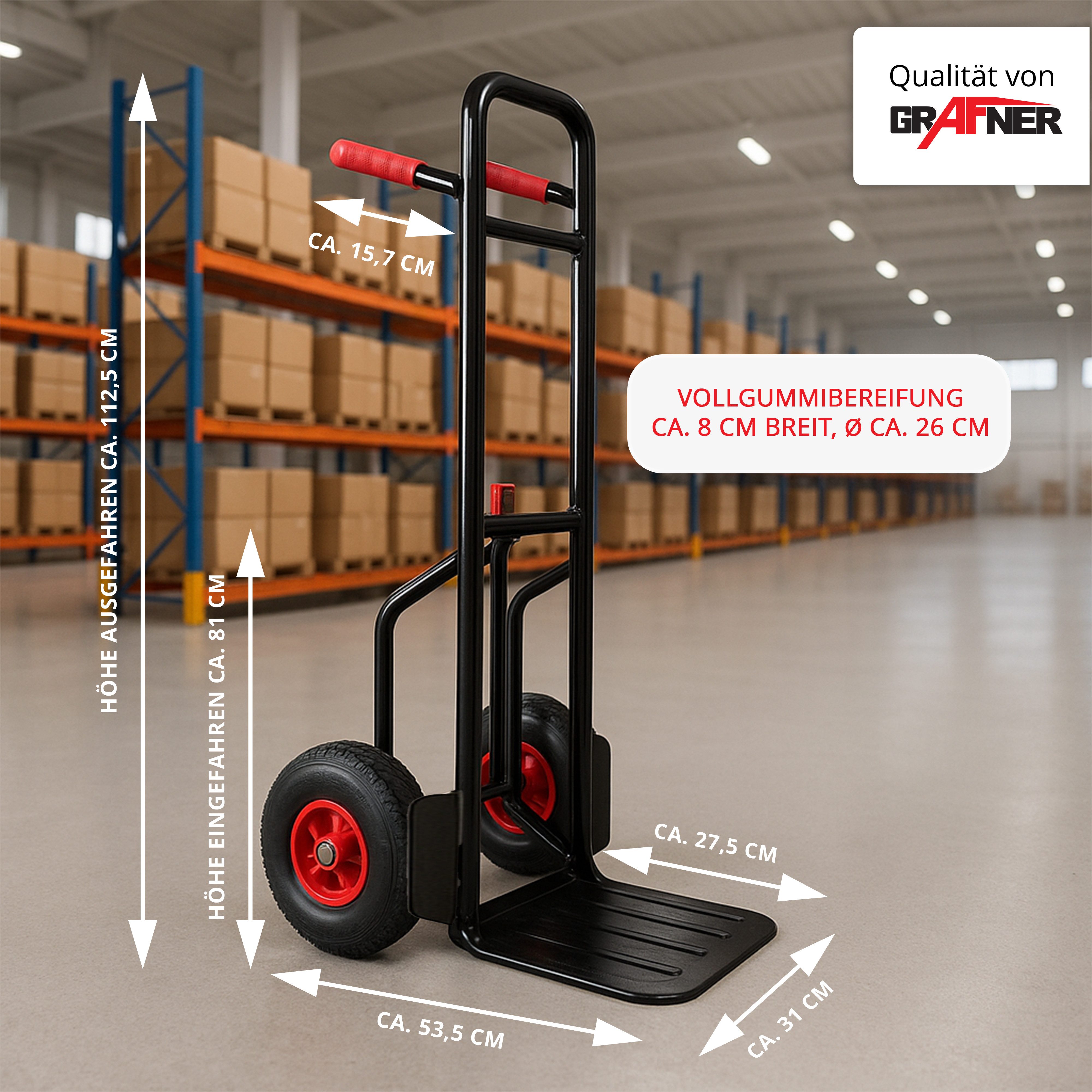 Grafner hand truck, 200kg capacity, extendable/foldable, solid rubber tires, FlatFree, foldable