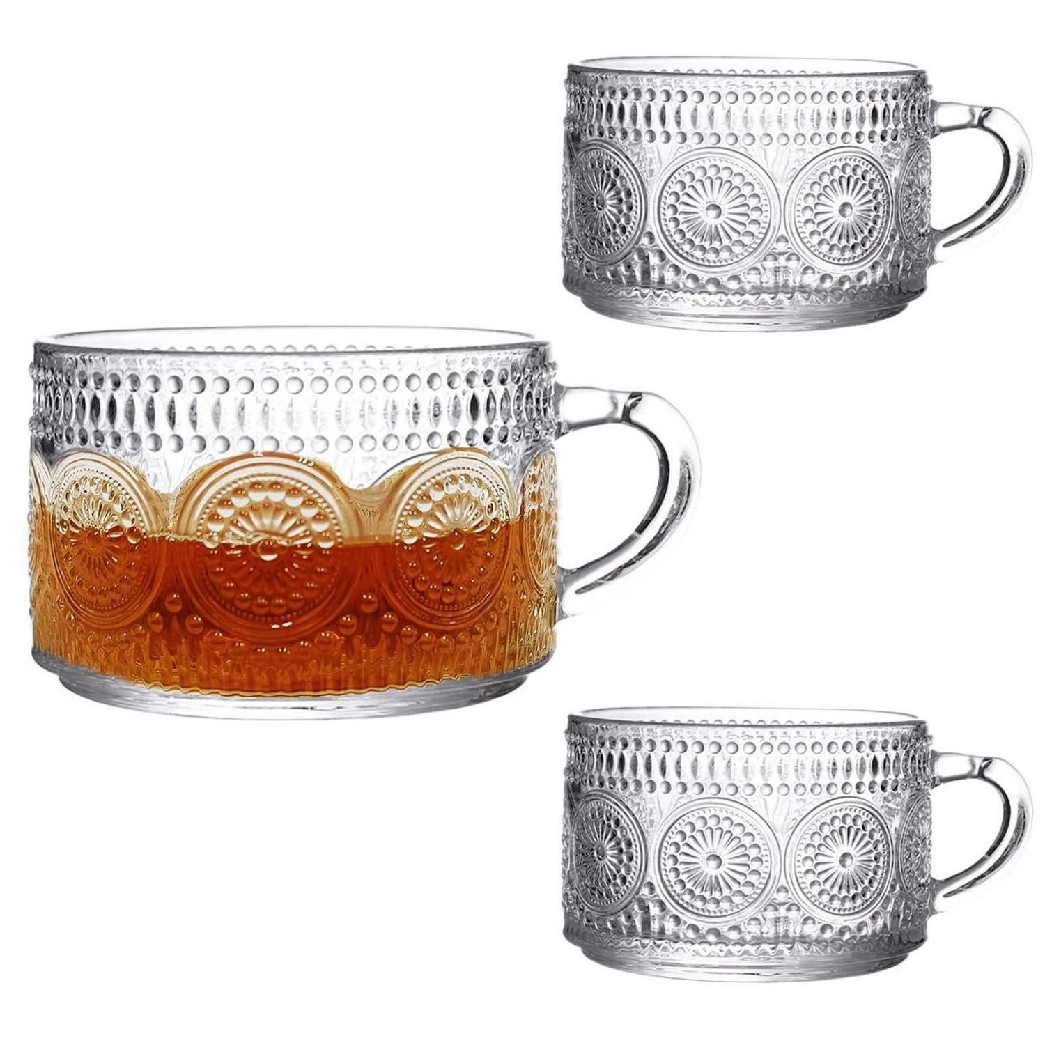 LuxusKollektion Tasse Kaffeetasse Vintage 500ml 2er Set Glas Relief, Glas