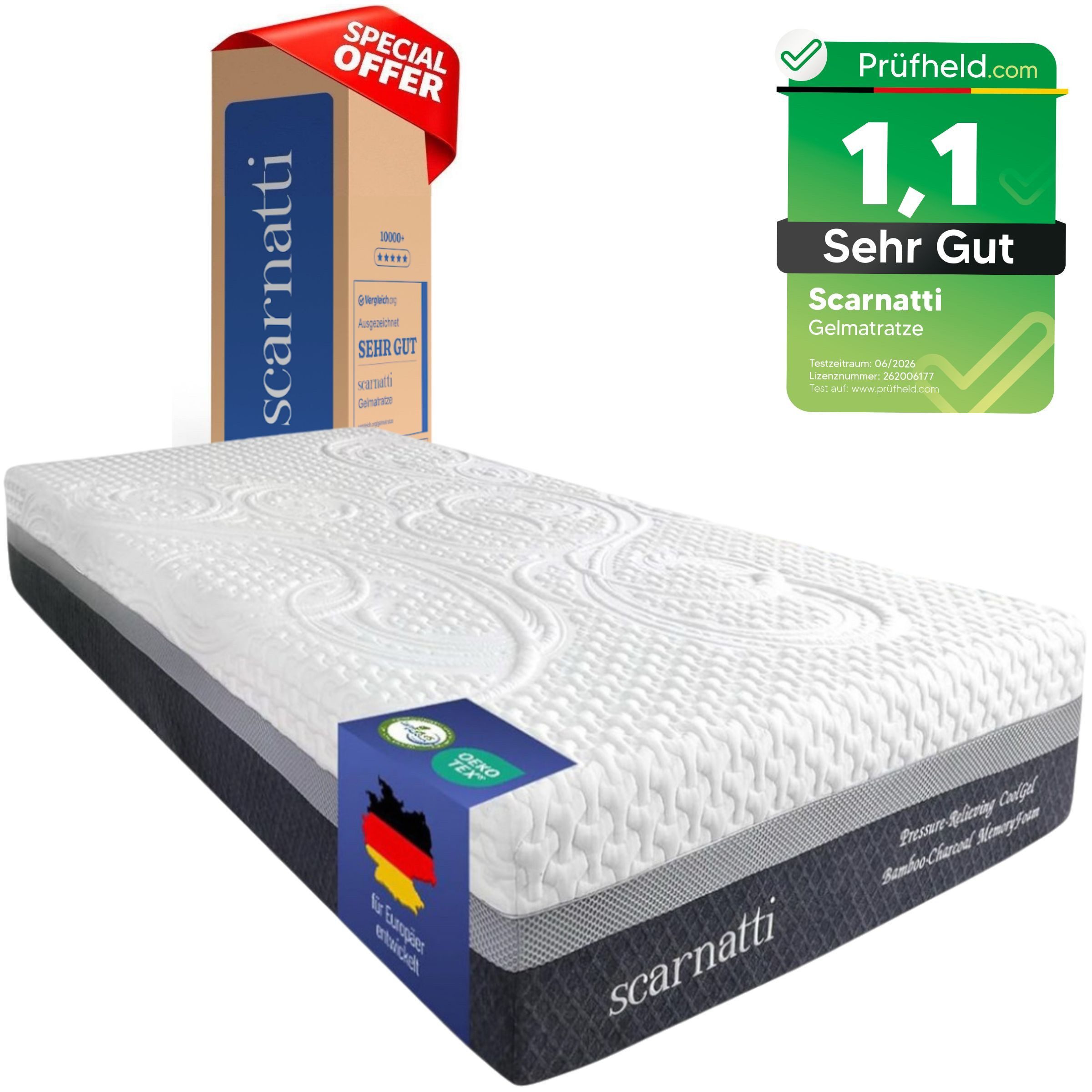 Gelschaummatratze PREMIUM Matratze 90x200 cm, Jugendbett, Einzelbett, 7-Zonen, H3/H4, scarnatti, 18 cm hoch, (90x200, Jugendbett, Einzelbett, Testsieger, Wendematratze, Der perfekte Begleiter fürs Jugend-, Gäste- oder Einzelbett), Milbenresistente Grüntee-Schicht für allergikerfreundlichen Schlaf