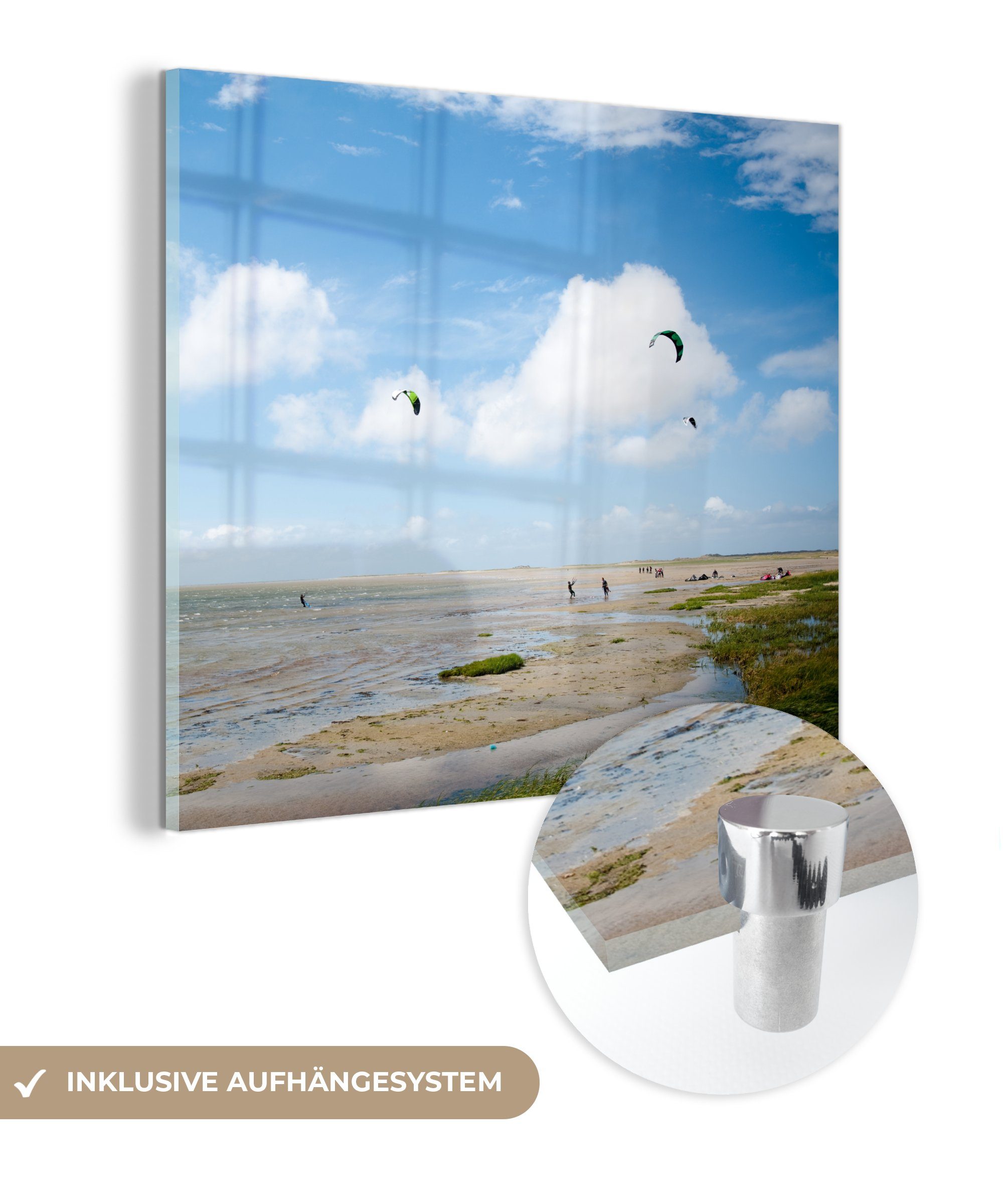 MuchoWow Acrylglasbild Bilder - Wandbild (1 Kitesurfen auf - auf auf Glas Menschen Glas - St), Terschelling, Glasbilder beim Wanddekoration Foto