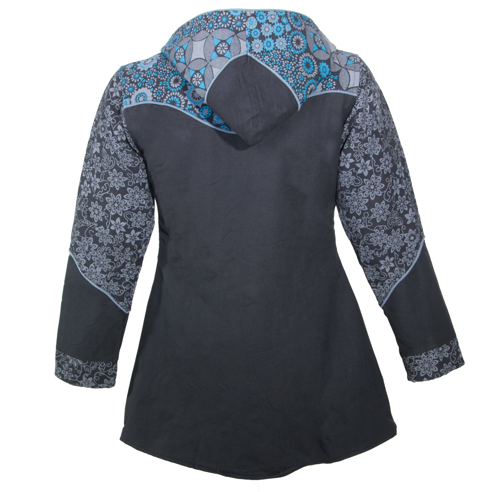 KUNST UND MAGIE Langjacke Kunst und Magie Damenmantel + Kapuze Blumenmuster Jacke Baumwolle Boho