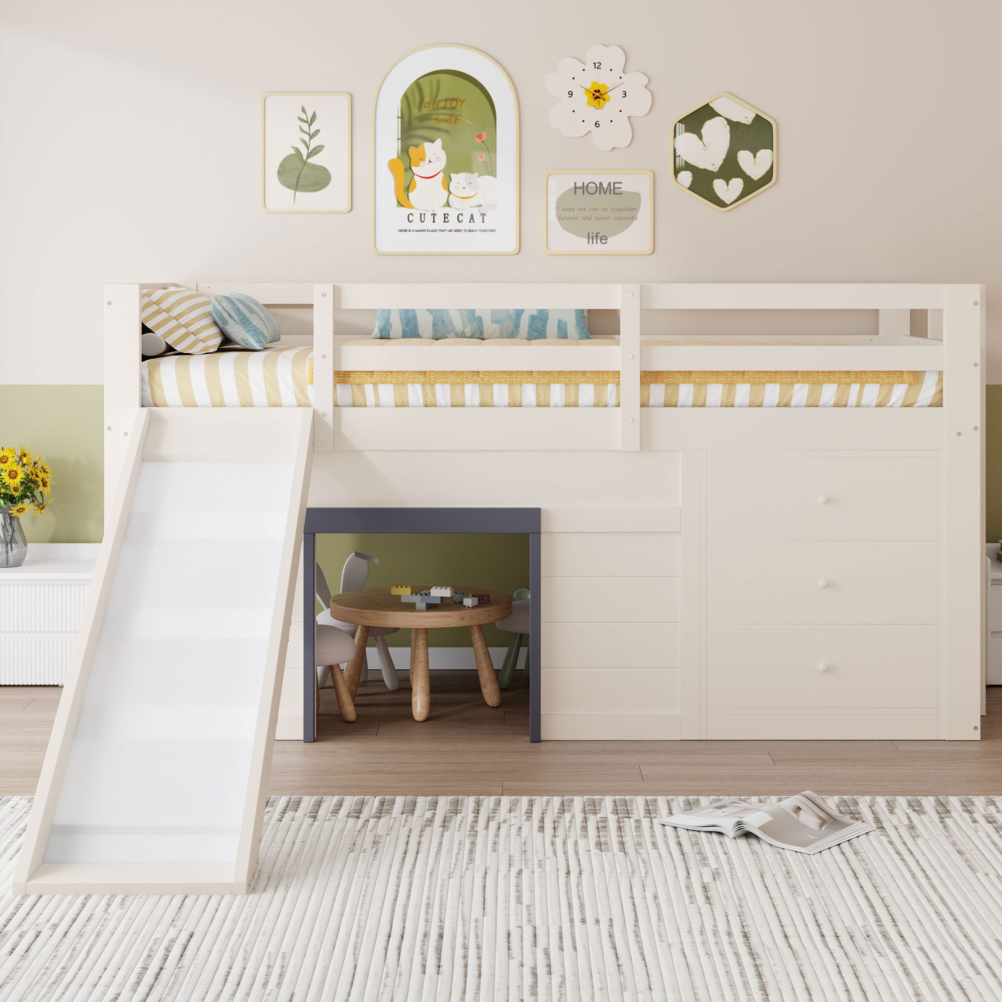 BlingBin Hochbett Einzelbett Jugendbett Kinderbett mit Rutsche (Funktionsbett, 1-St., mit Leiter, drei Schubladen und zwei Türen) 90 x 200 cm, Kiefer+ MDF, Creme, Ohne Matratze