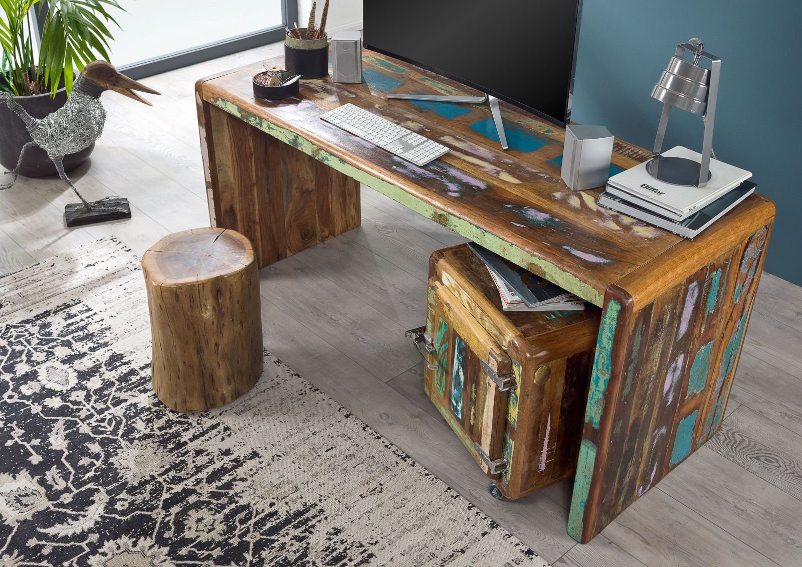 Massivmoebel24 Schreibtisch FREEZY (Massivholz, Massivholztisch), Schreibtisch Altholz 170x65x76 mehrfarbig lackiert FREEZY #40