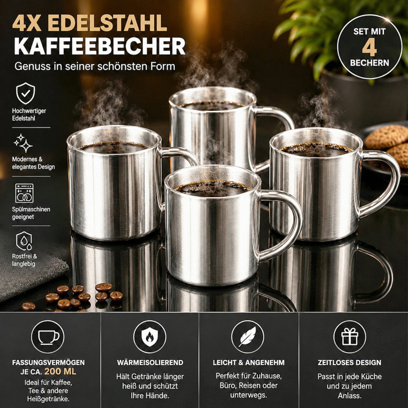Haushalt International Tasse Kaffeetasse Kaffeebecher Campingbecher Edelstahl 4x200ml, 4-tlg., Edelstahl, 4 Stück, Doppelwandig, Edelstahl, Tragehenkel