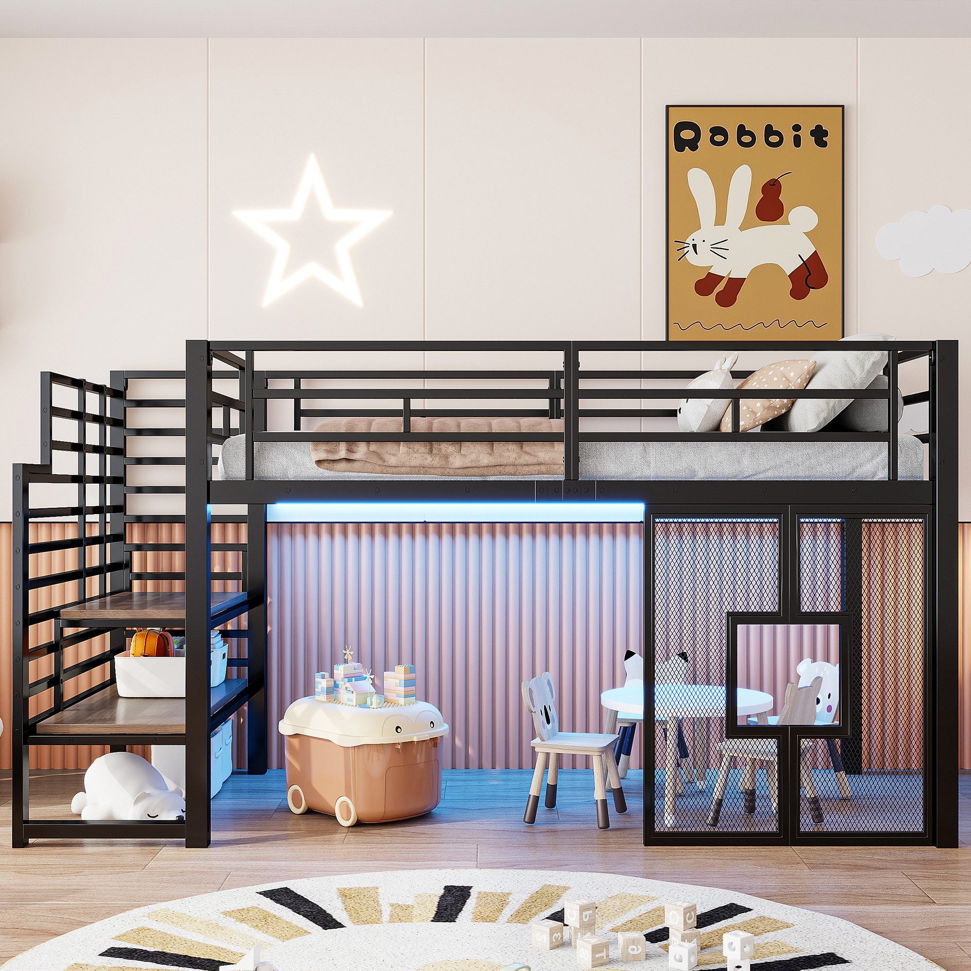 Odikalo Hochbett Kinderbett Jugendbett 90x200 mit LED und Stauraum (90x200 cm großes Metall-Hochbettgestell mit Treppe, Stauraum, LED-Beleuchtung und Fenstern, Schwarz / Weiß)