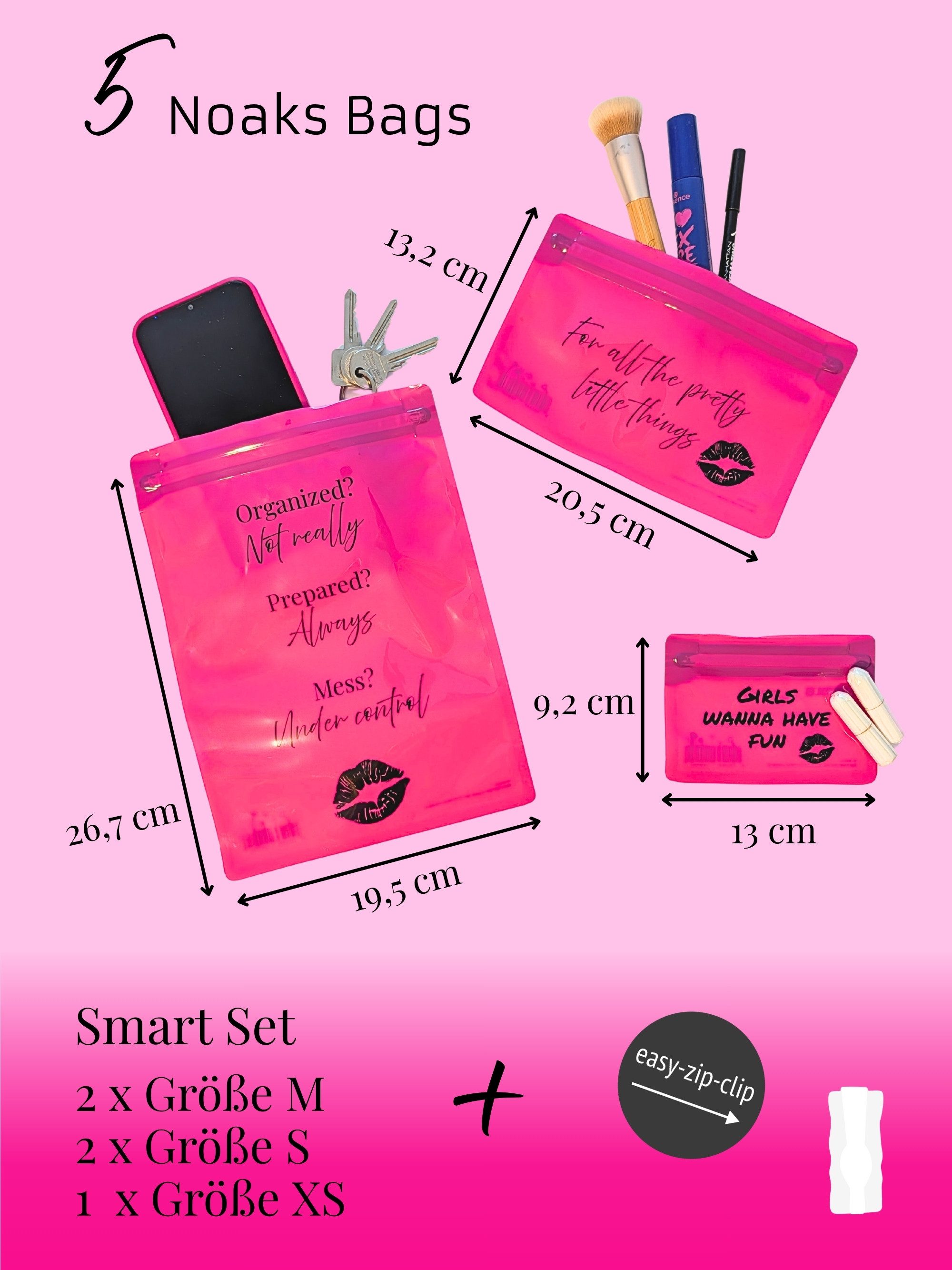 Noaks Taschenorganizer Noaks Bags, geruchsdichte & wasserdichte Zip Beutel, (Smart Set 5-tlg., mit Zip-Clip), Nasstasche mit Beschriftungsfeld