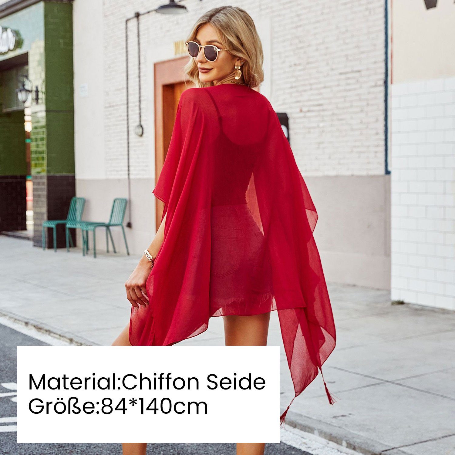 Sonnenschutzkittel Strandkleid Rot Cover-Ups MAGICSHE Fransen