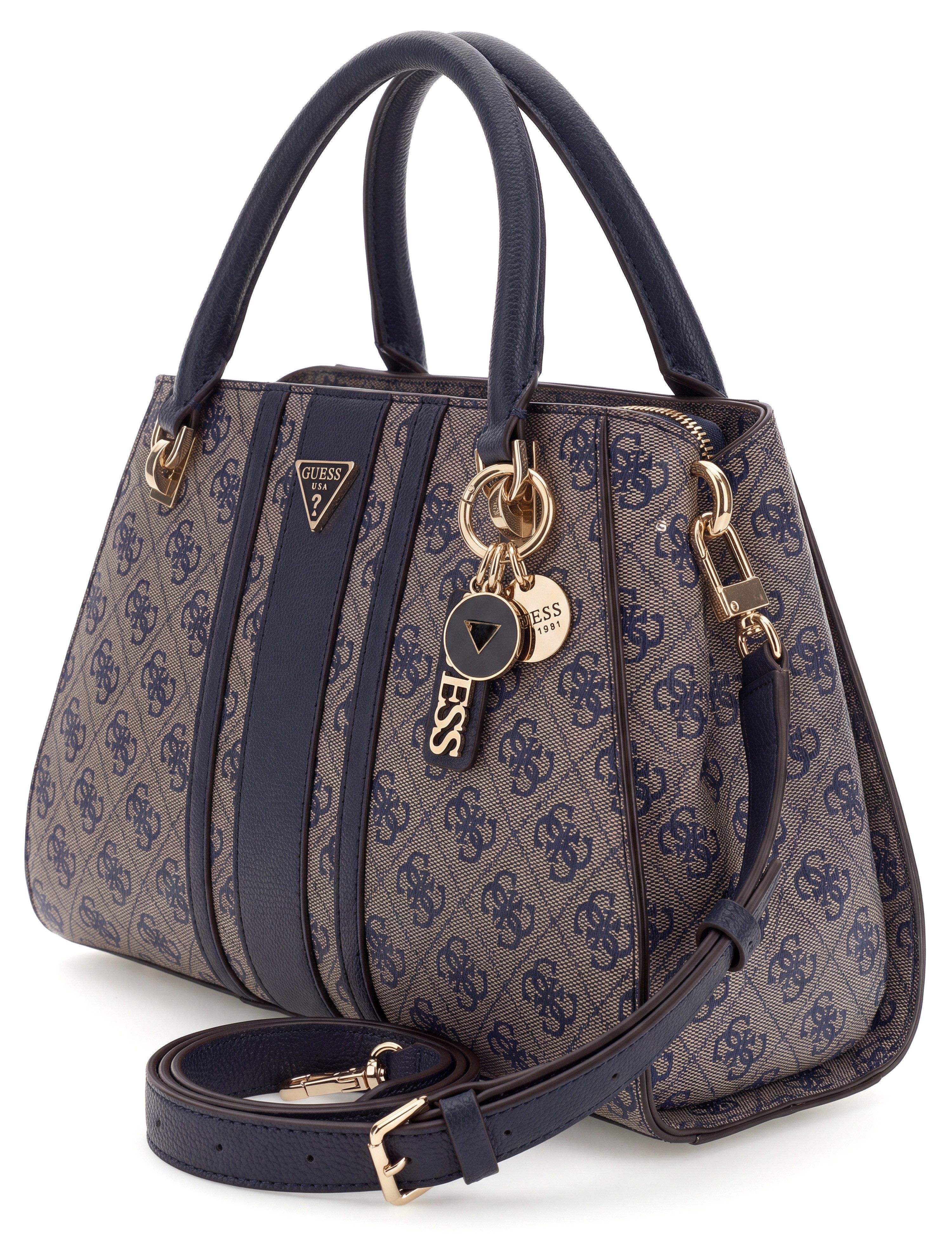 Guess Umhängetasche NOELLE II LUXURY SATCHEL (Set, Abnehmbarer Schlüsselanhänger), Damen Schultertasche, Handtasche, Kontrastbesätzen und Logoschriftzug