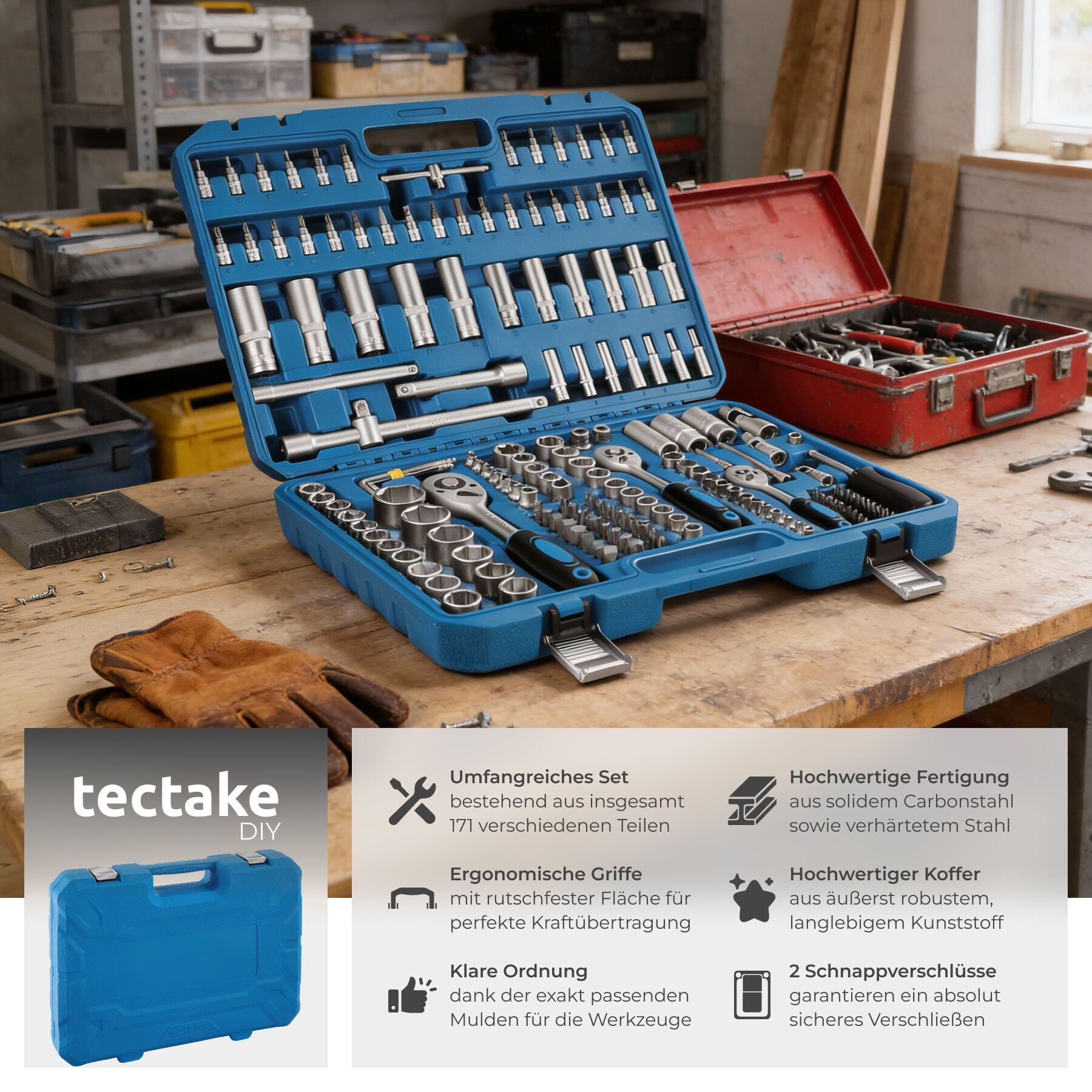 tectake Steckschlüssel (1 St), 171-teilig, 1/4, 3/8 und 1/2 Zoll